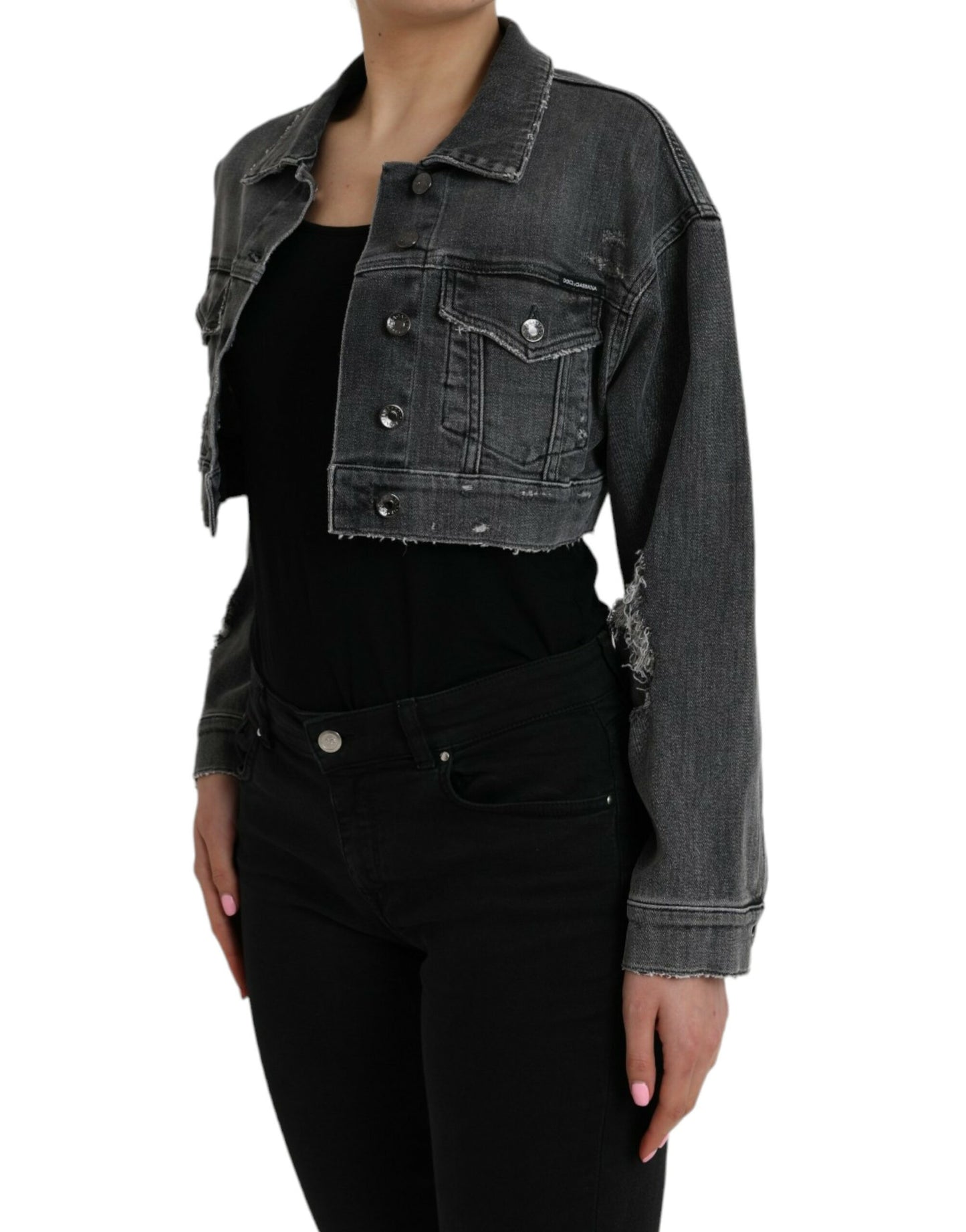 Dolce & Gabbana Mørkegrå Bomulds Stretch Cropped Denimjakke