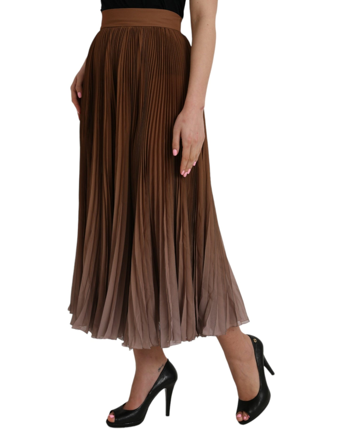 Dolce & Gabbana Brun Polyester Plisseret Højtaljet Midi Nederdel