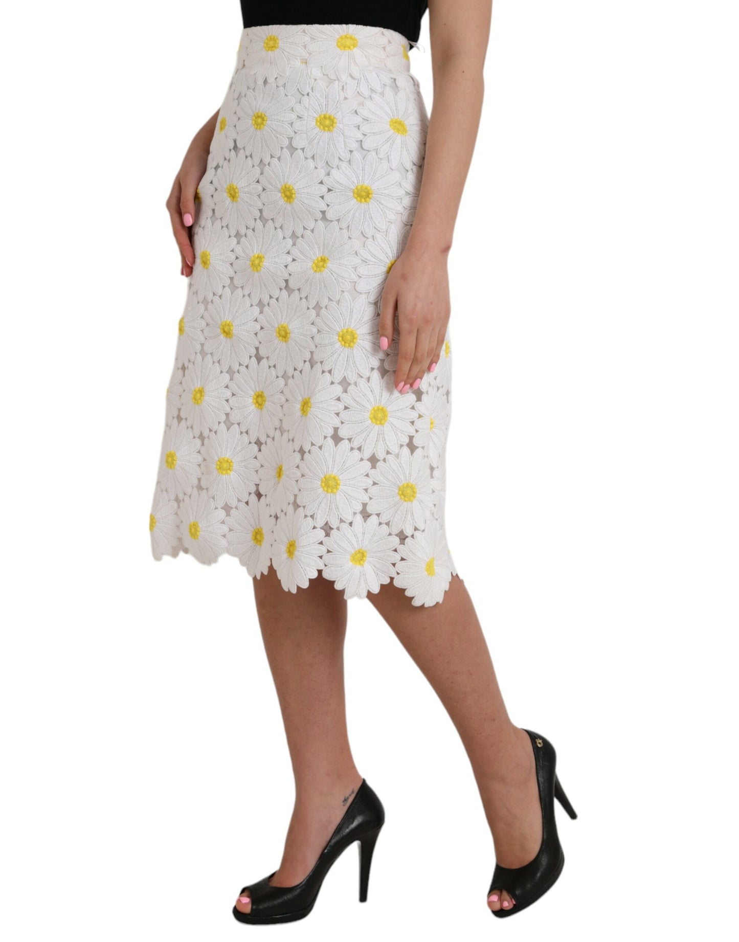 Dolce & Gabbana Hvid Blomsterblyantnederdel med Lige Blonder