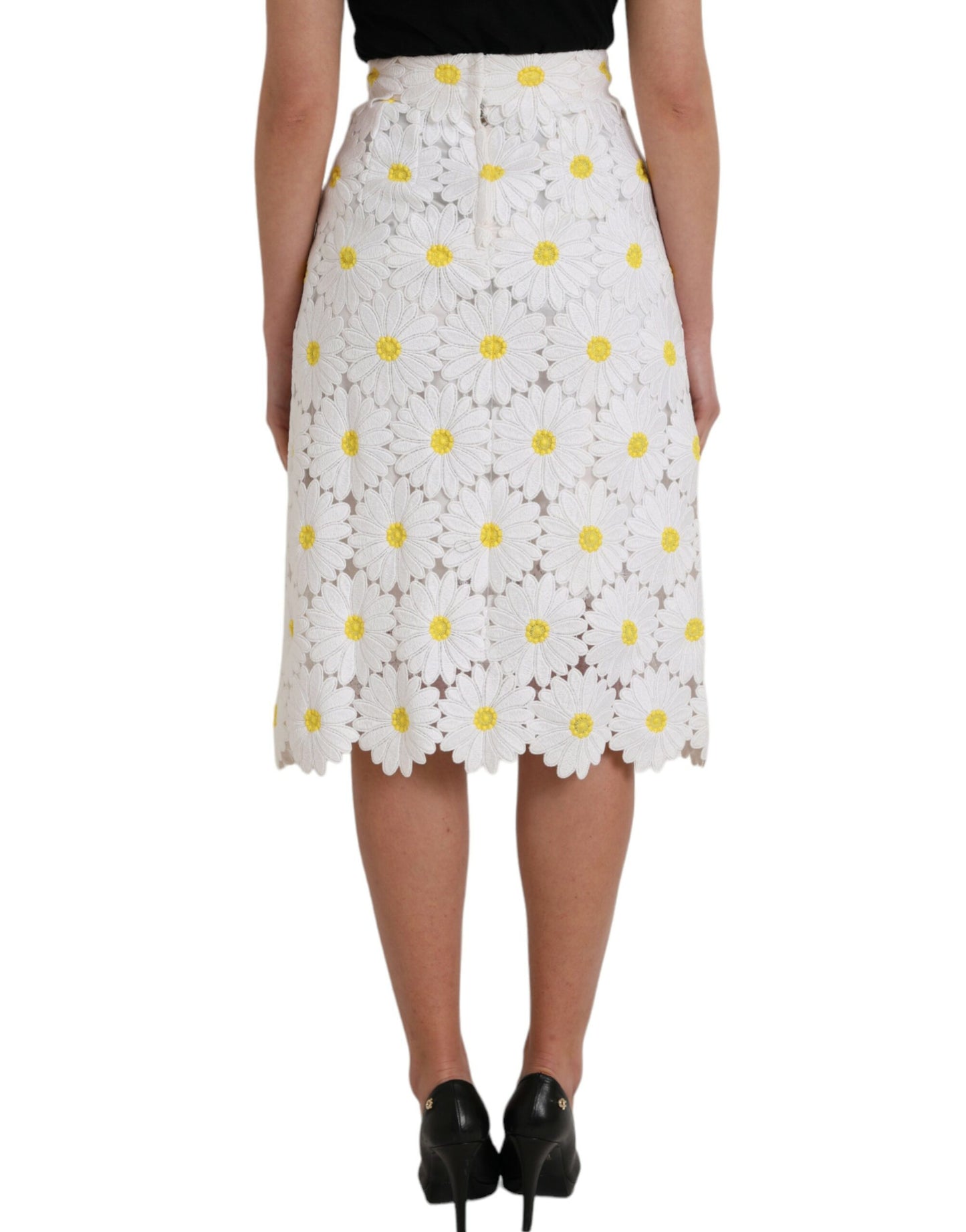 Dolce & Gabbana Hvid Blomsterblyantnederdel med Lige Blonder