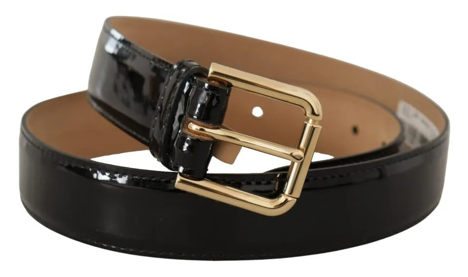 Dolce & Gabbana Sort Læderbælte med Guldmetal og Graveret Logospænde