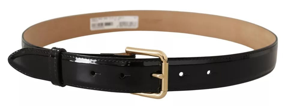 Dolce & Gabbana Sort Læderbælte med Guldmetal og Graveret Logospænde