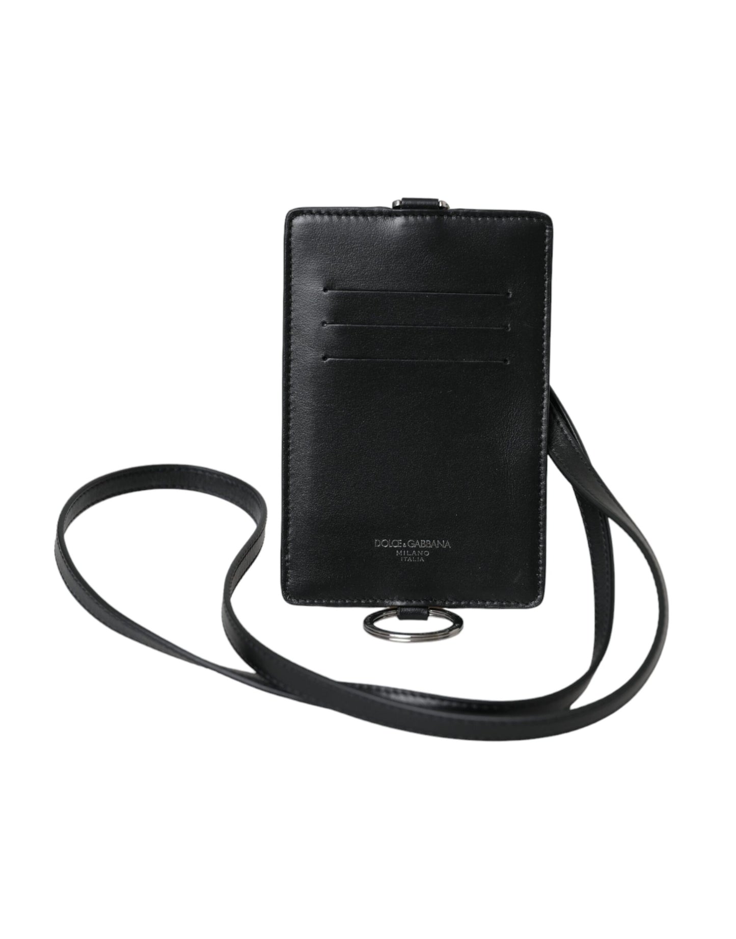 Dolce & Gabbana Sort Kalveskind Kortholder Med Lanyard Og Logo Herrepung