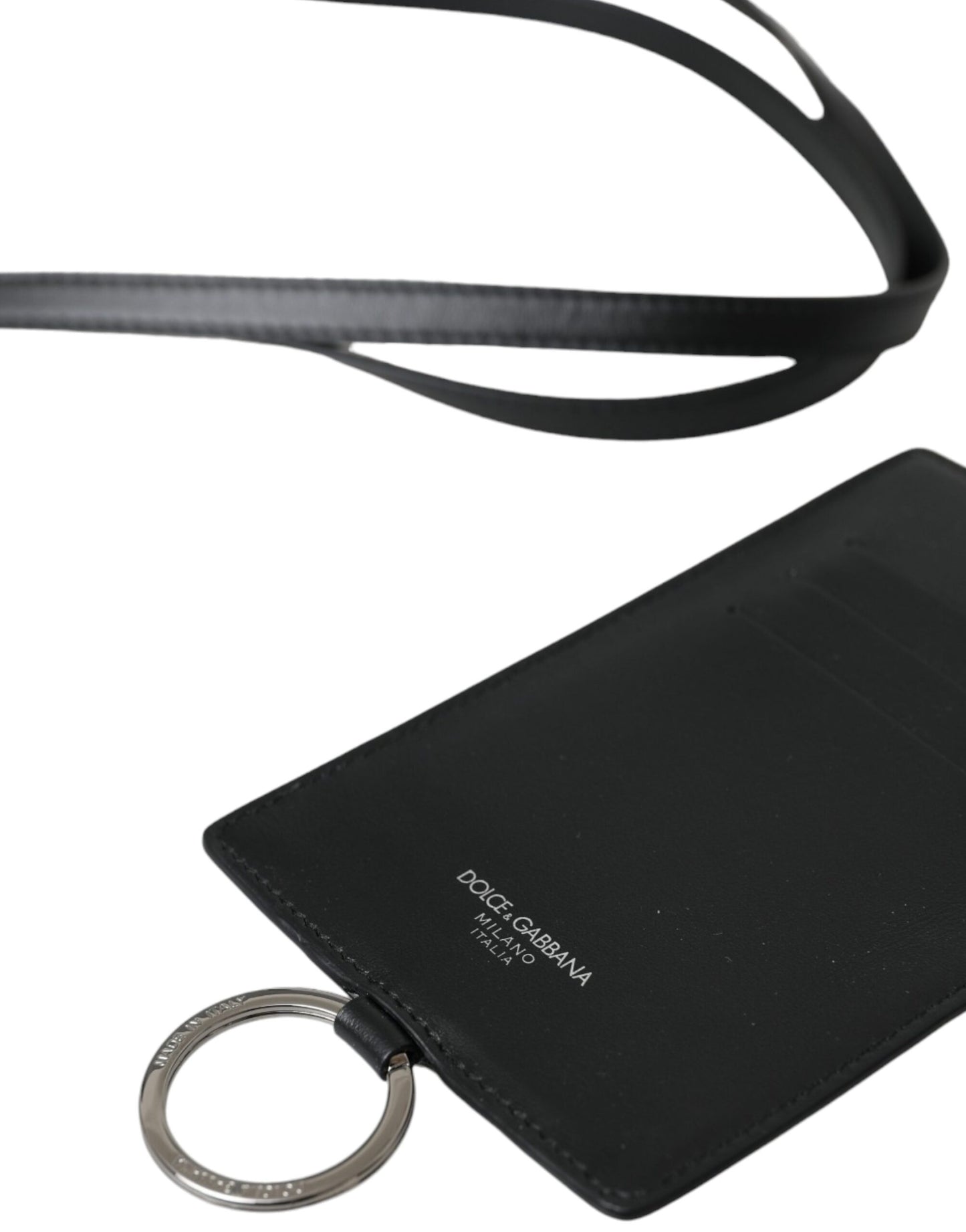 Dolce & Gabbana Sort Kalveskind Kortholder Med Lanyard Og Logo Herrepung