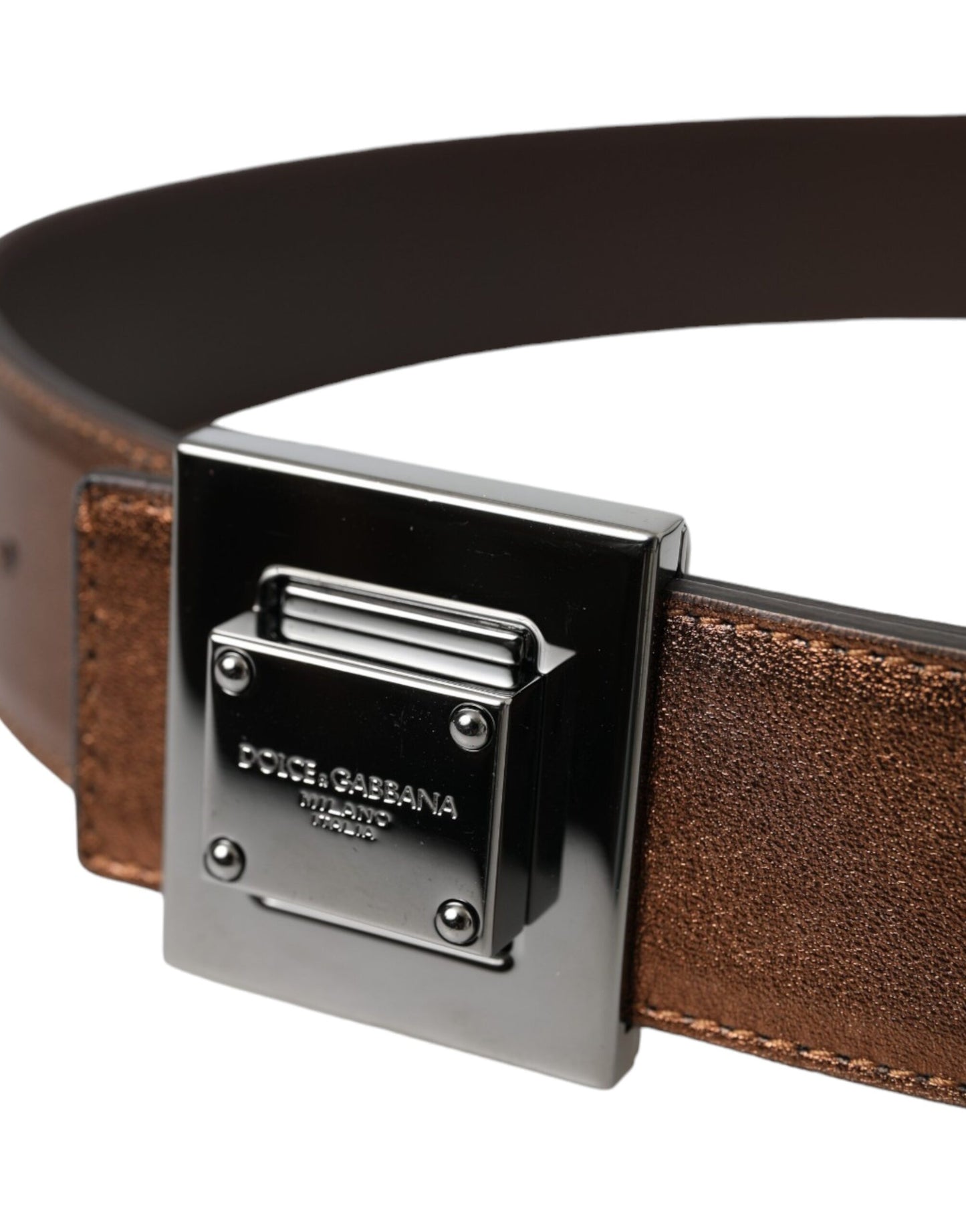 Dolce & Gabbana Metallic Bronze Læderbælte med Firkantet Metalspænde