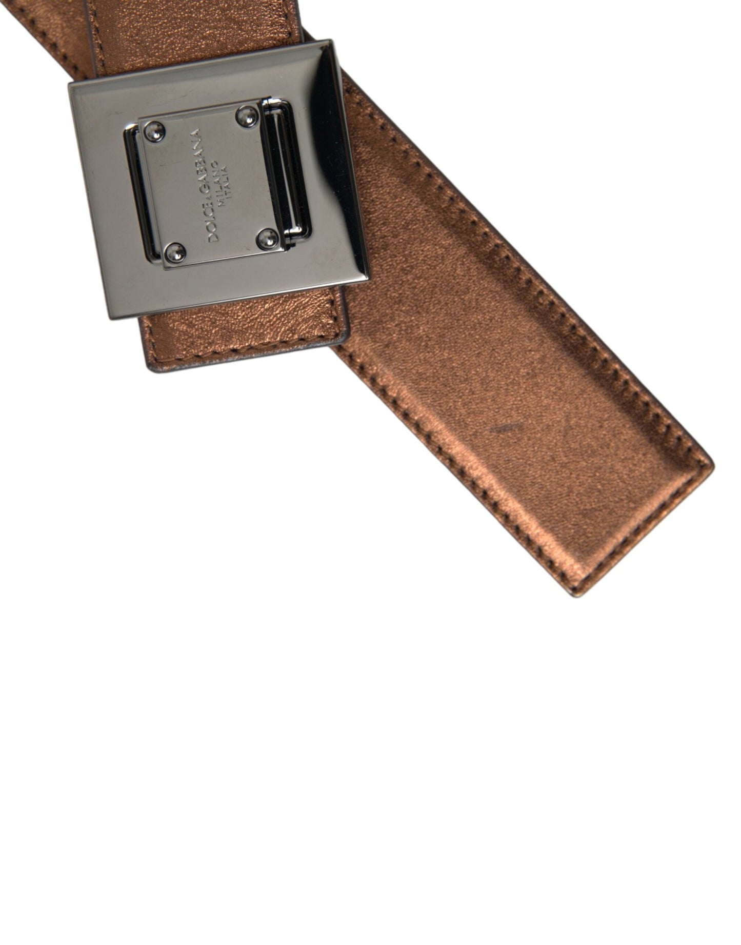 Dolce & Gabbana Metallic Bronze Læderbælte med Firkantet Metalspænde