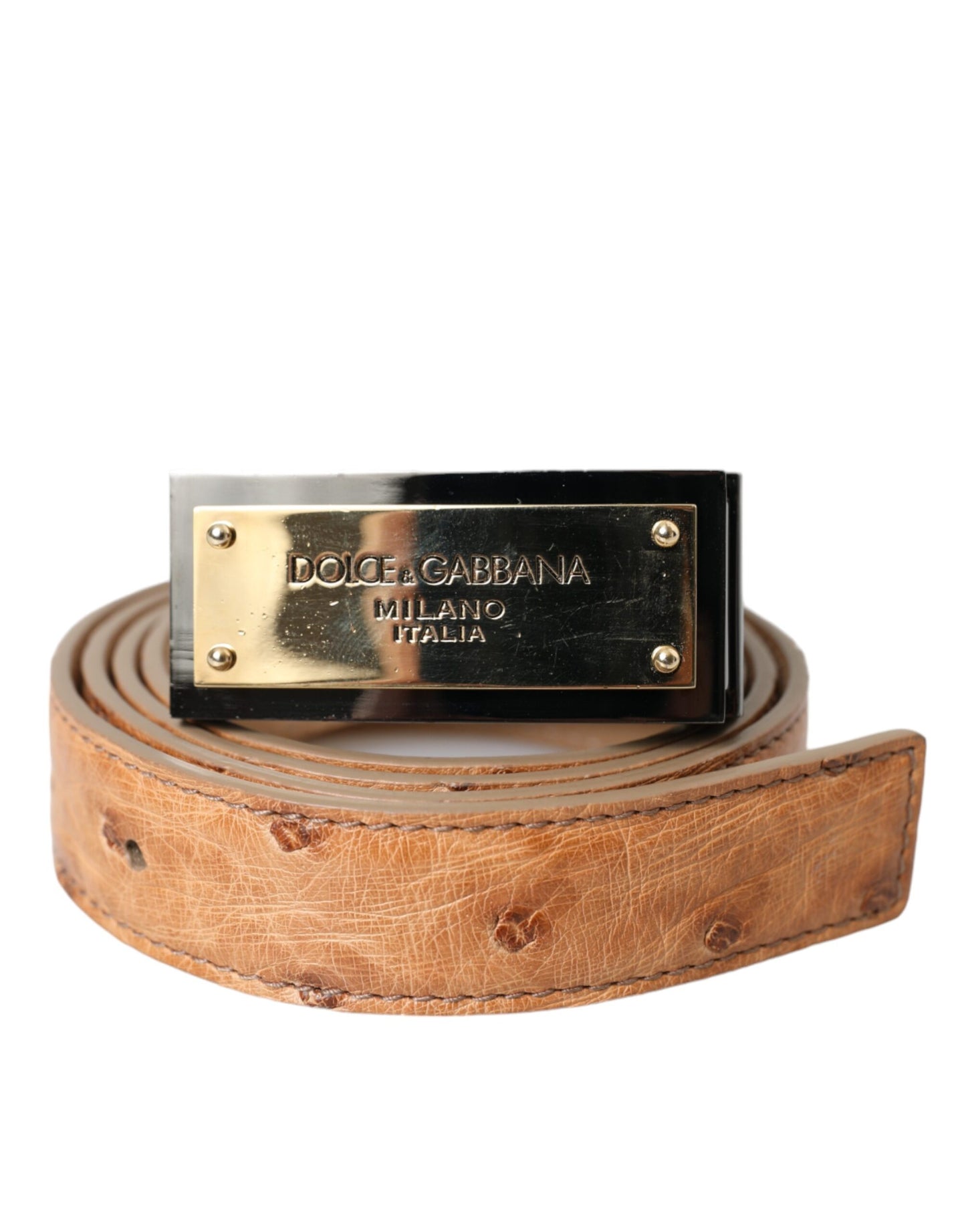 Dolce & Gabbana Beige Læderbælte med Guldlogo og Graveret Spænde