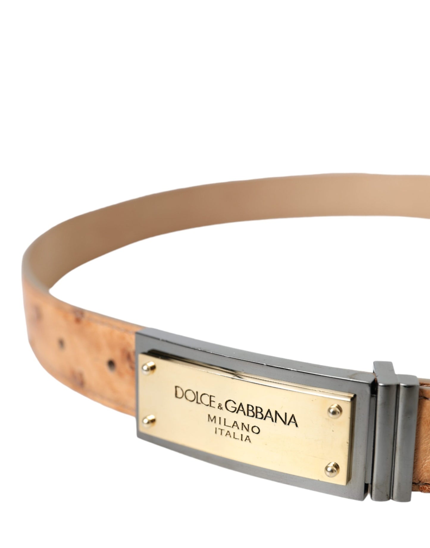 Dolce & Gabbana Beige Læderbælte med Guldlogo og Graveret Spænde