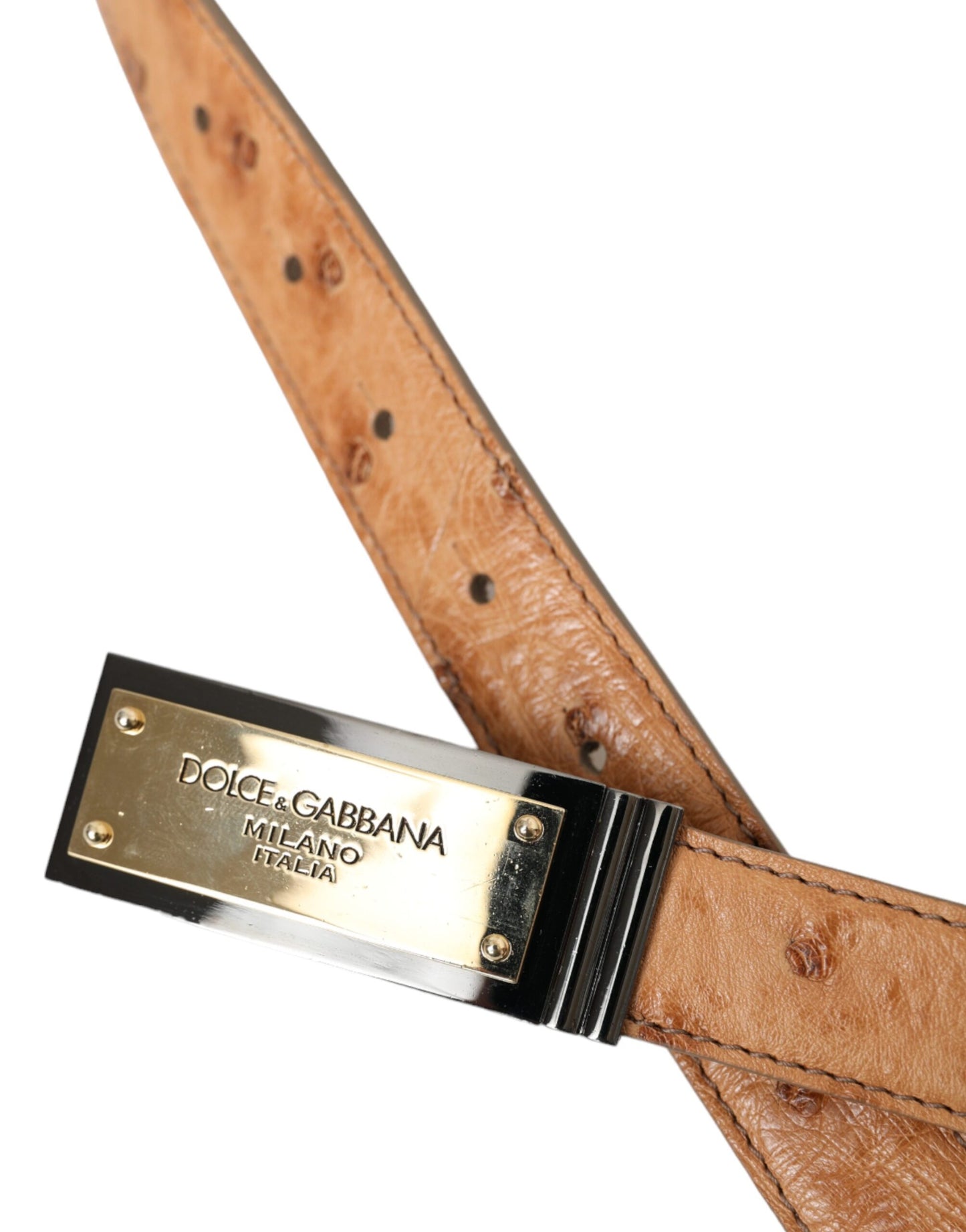 Dolce & Gabbana Beige Læderbælte med Guldlogo og Graveret Spænde