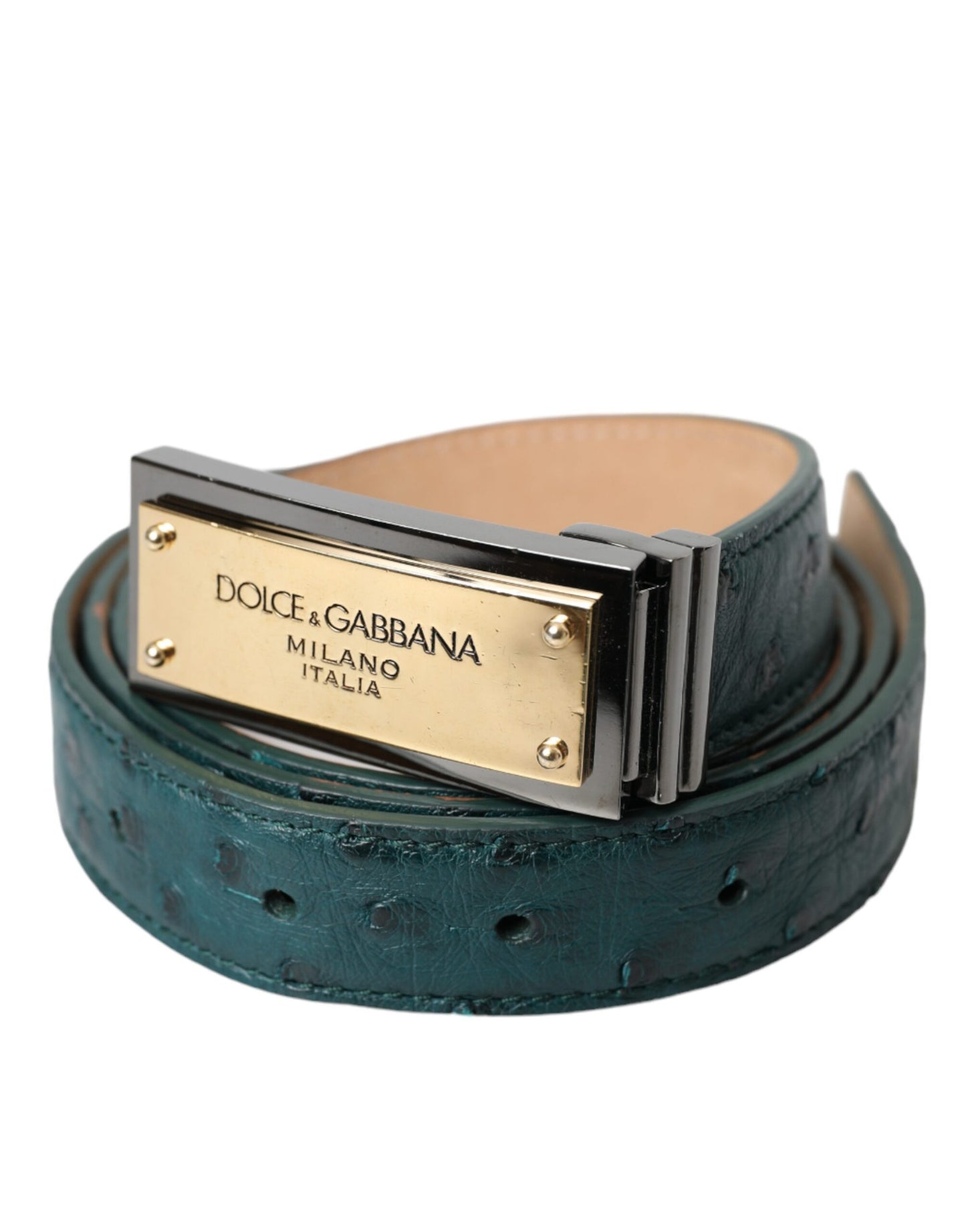 Dolce & Gabbana Grønt Læderbælte med Guldlogo og Graveret Spænde
