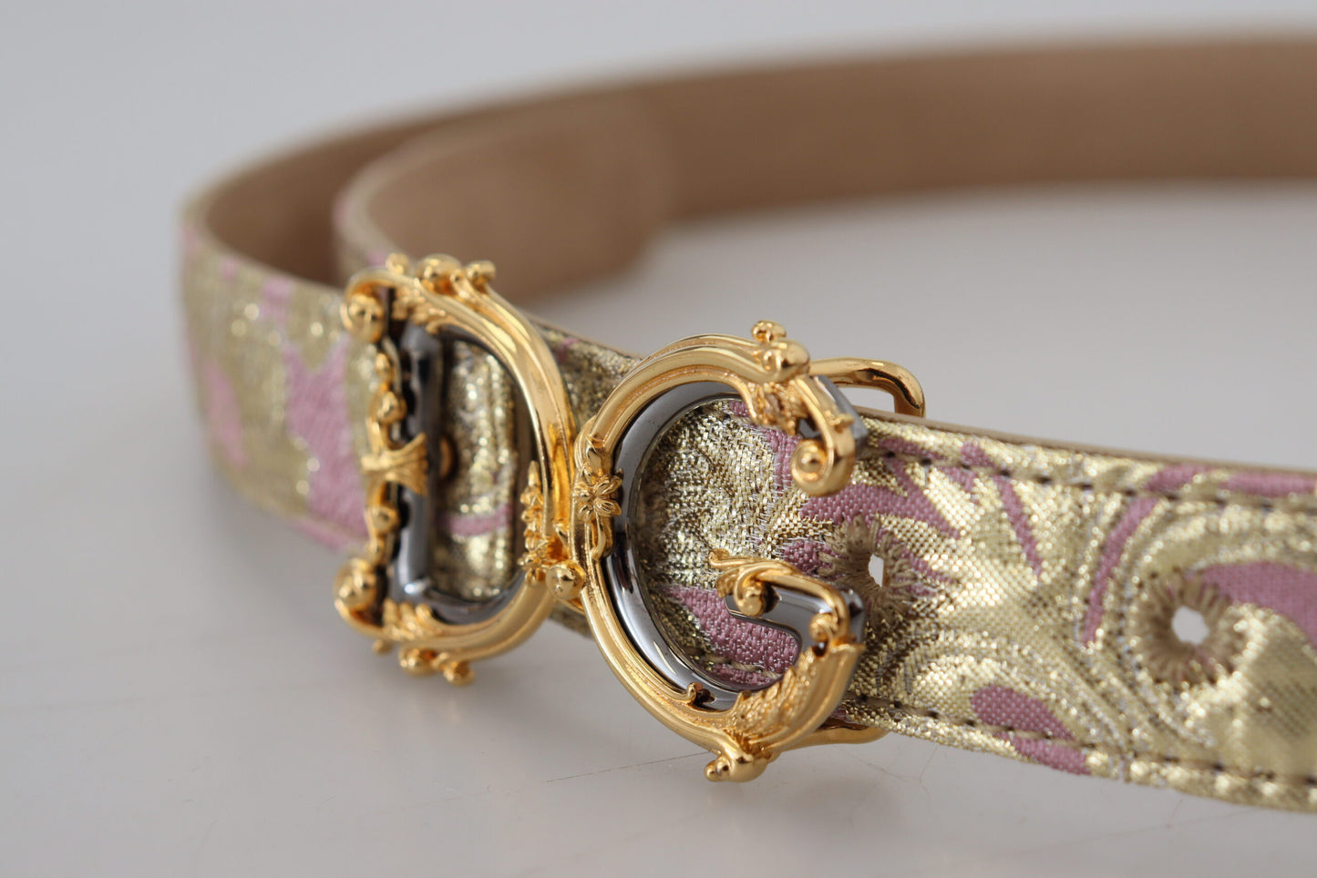 Dolce & Gabbana Pink Jaquard DG Logo Guldmetalspændebælte