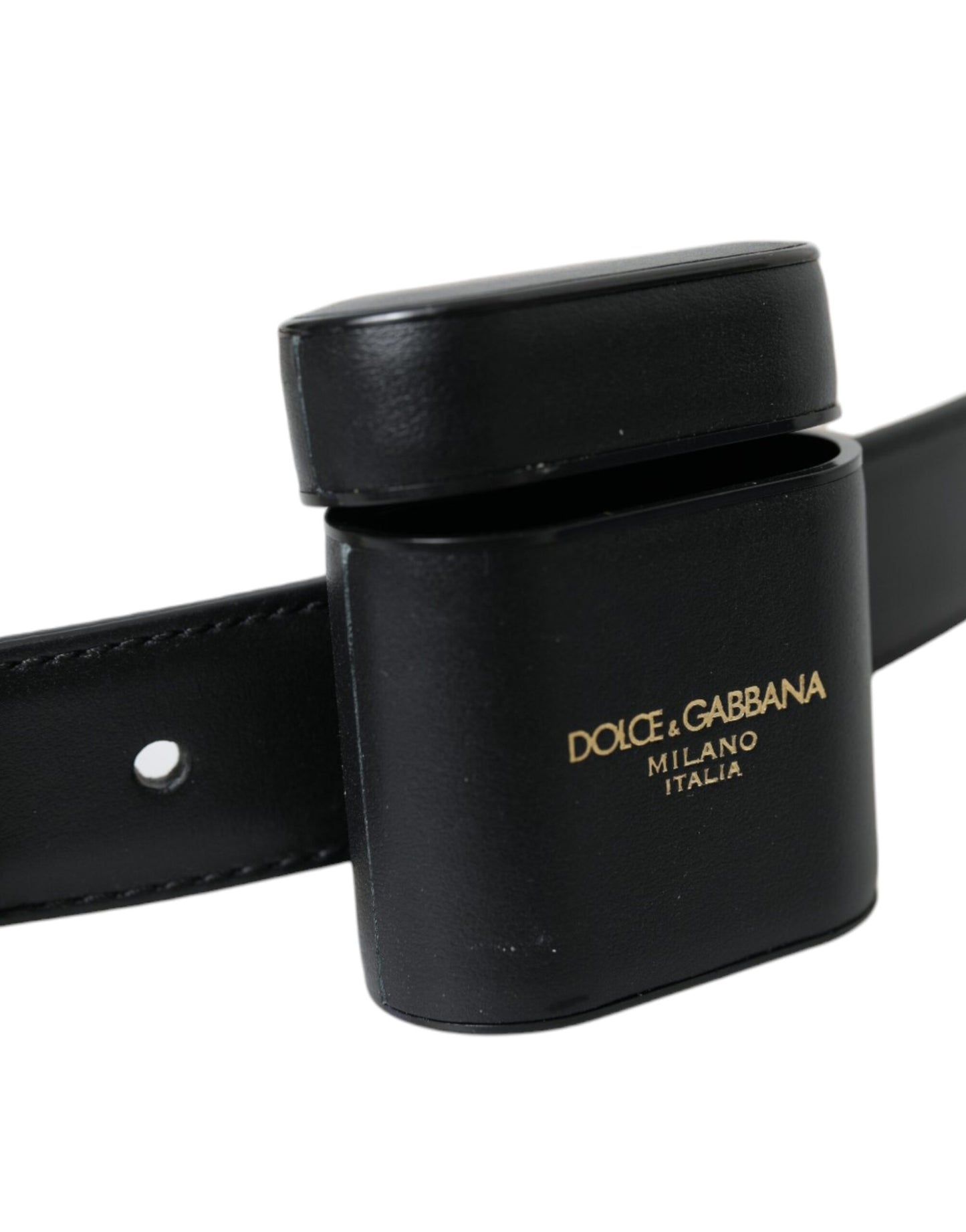 Dolce & Gabbana Sort Læder Airpods Etui Sølv Spænde Bælte