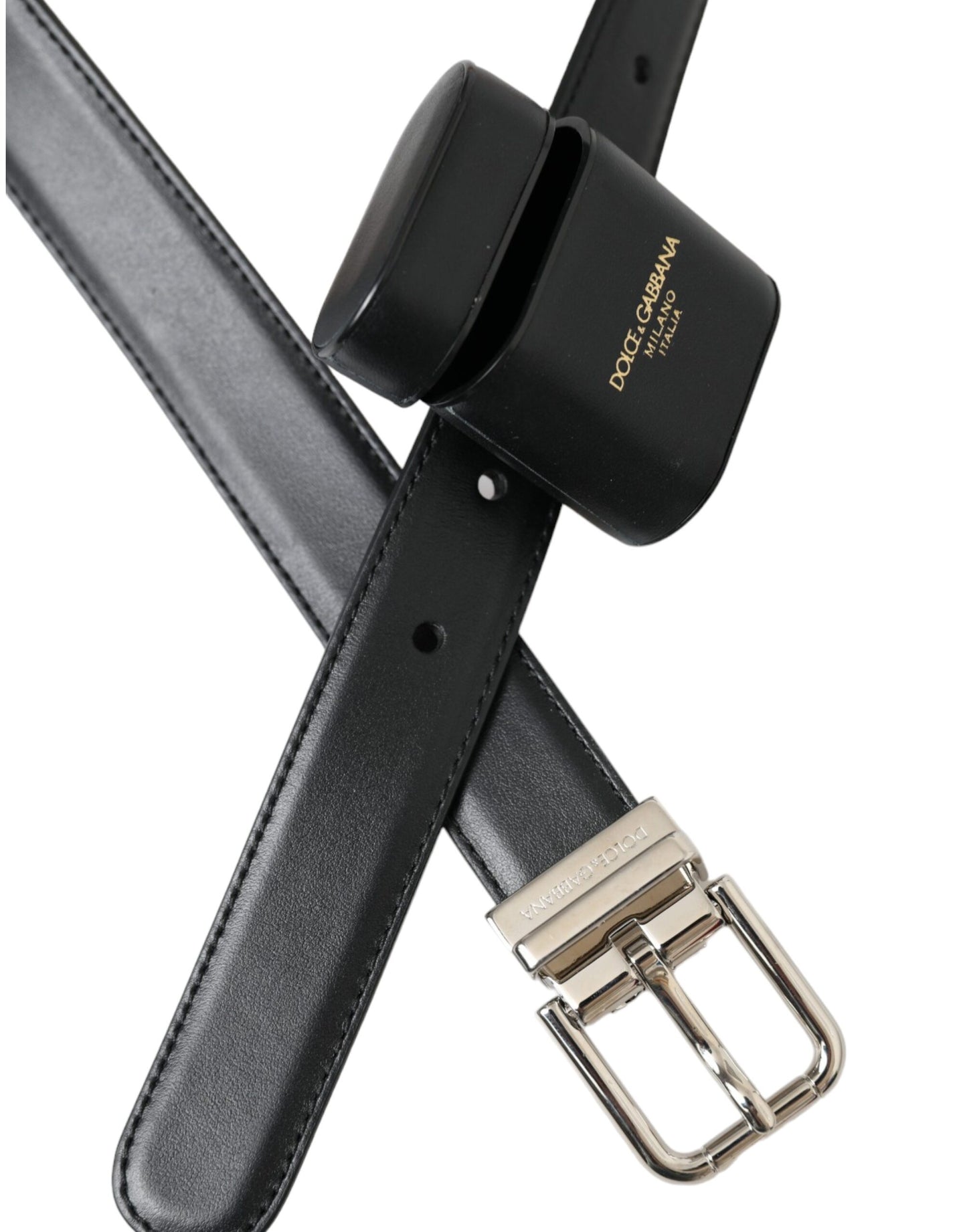 Dolce & Gabbana Sort Læder Airpods Etui Sølv Spænde Bælte