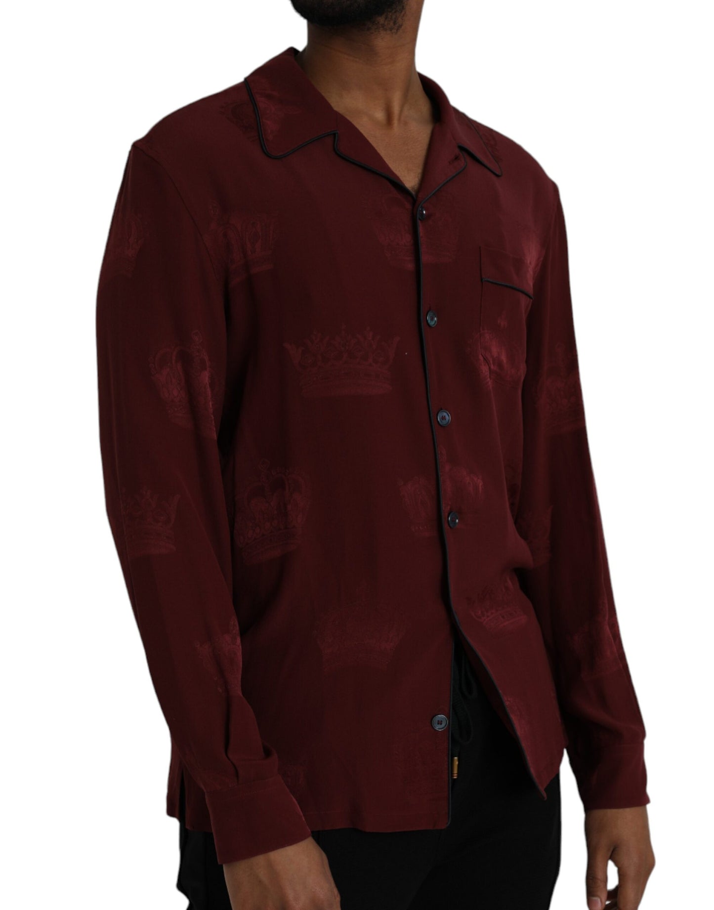 Dolce & Gabbana Maroon Crown Jacquard Silke Langærmet Skjorte