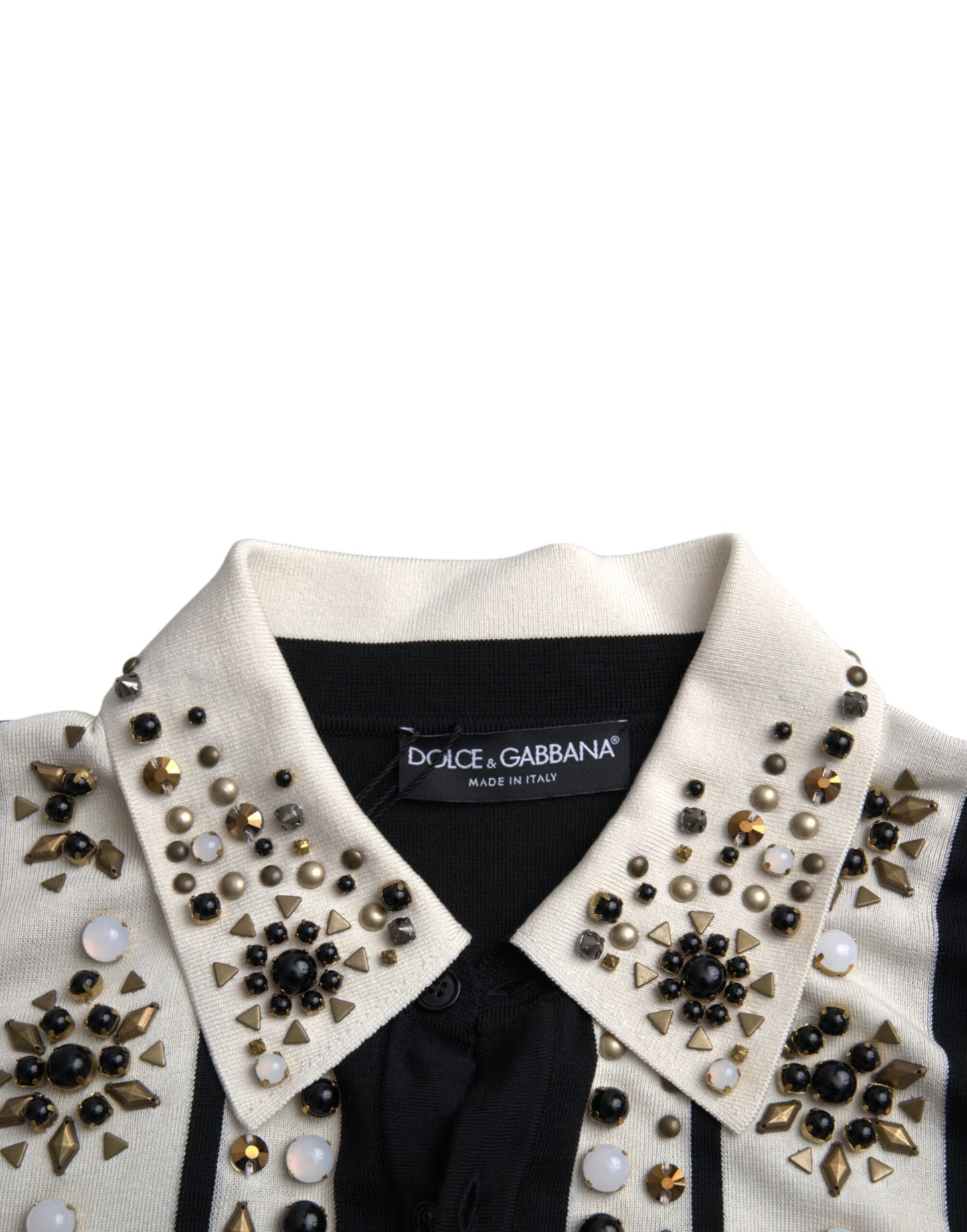 Dolce & Gabbana Hvid Sort Silke Skjorte med Nitter og Stenkrystal