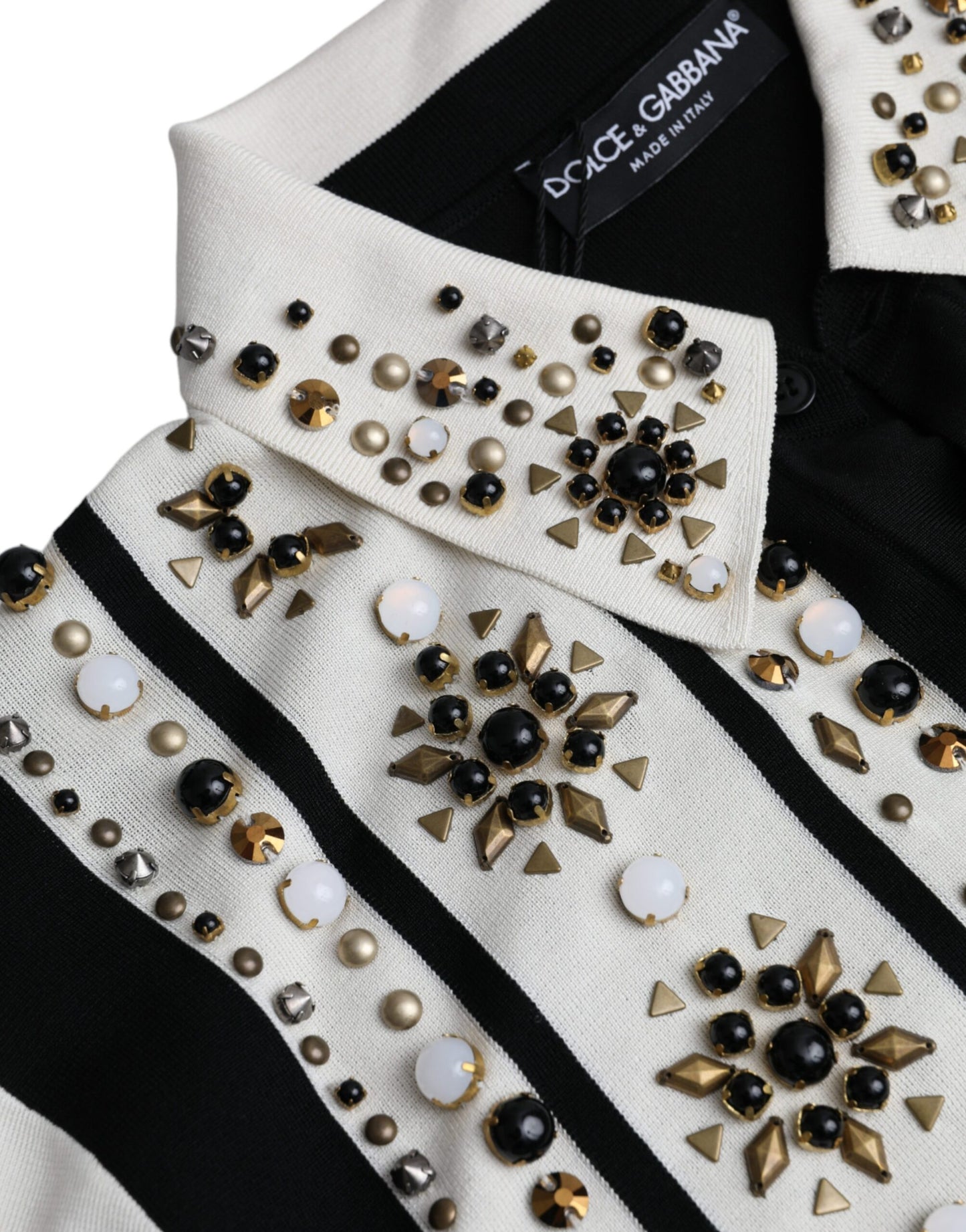 Dolce & Gabbana Hvid Sort Silke Skjorte med Nitter og Stenkrystal