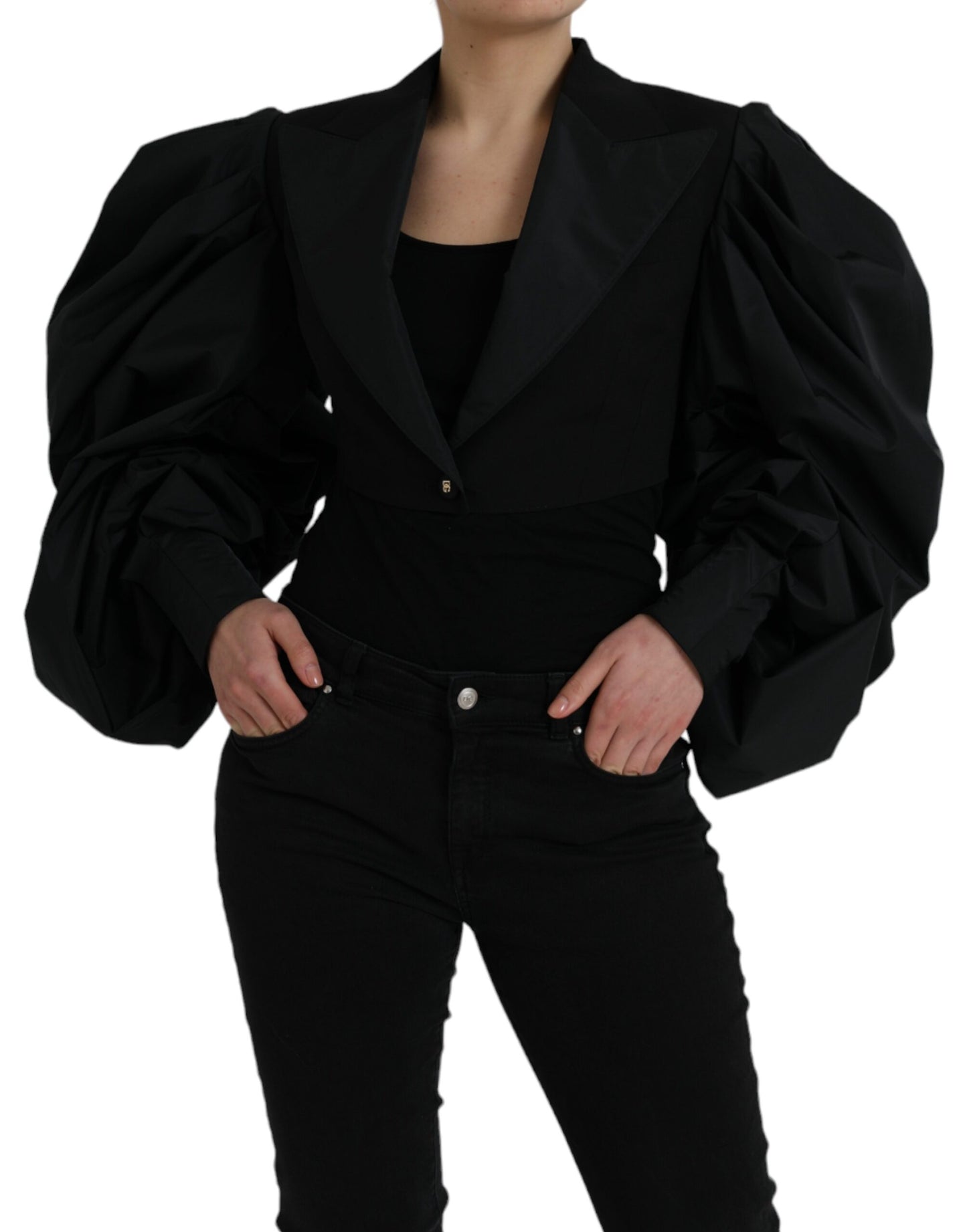 Dolce & Gabbana Sort Polyester Cropped Jakke med Pufærmer