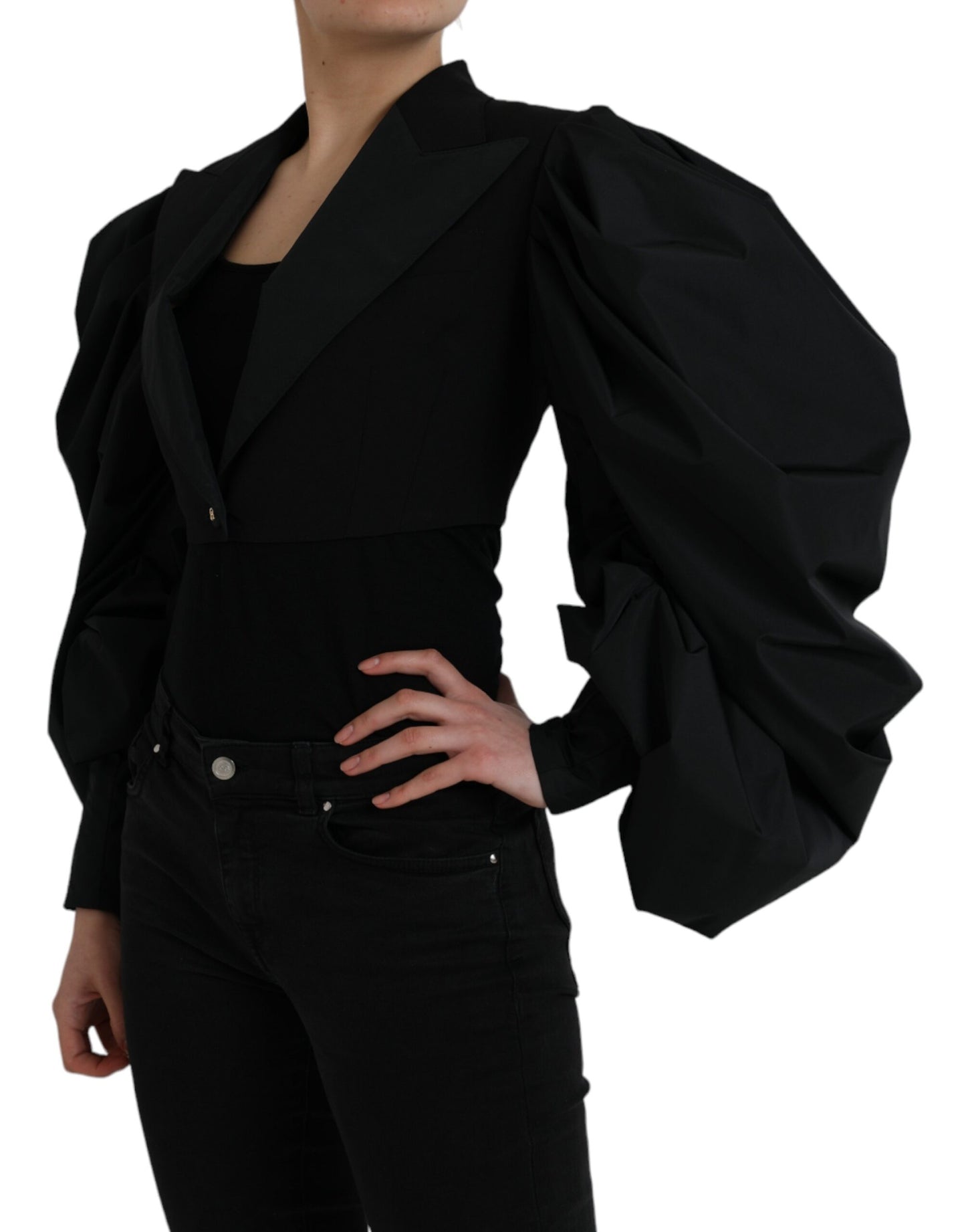 Dolce & Gabbana Sort Polyester Cropped Jakke med Pufærmer