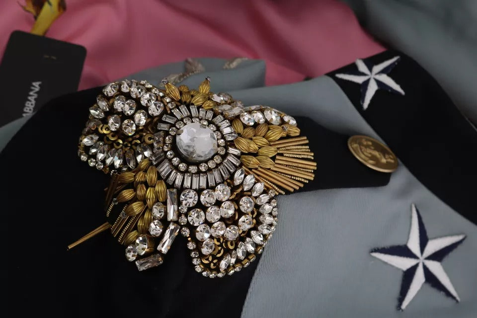 Dolce & Gabbana Blå Knappe-Krystaludsmykket Bomuldsjakke