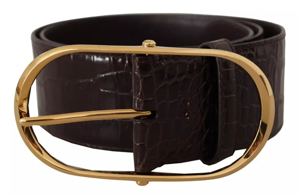 Dolce & Gabbana Brunt Krokodillemønster Læderbælte med Guld Oval Spænde