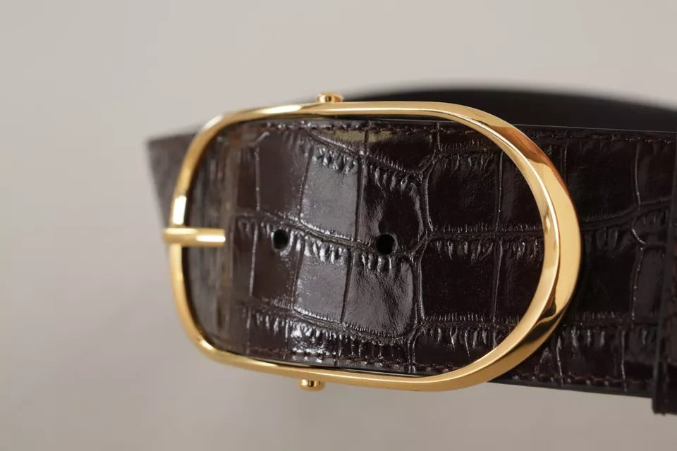 Dolce & Gabbana Brunt Krokodillemønster Læderbælte med Guld Oval Spænde