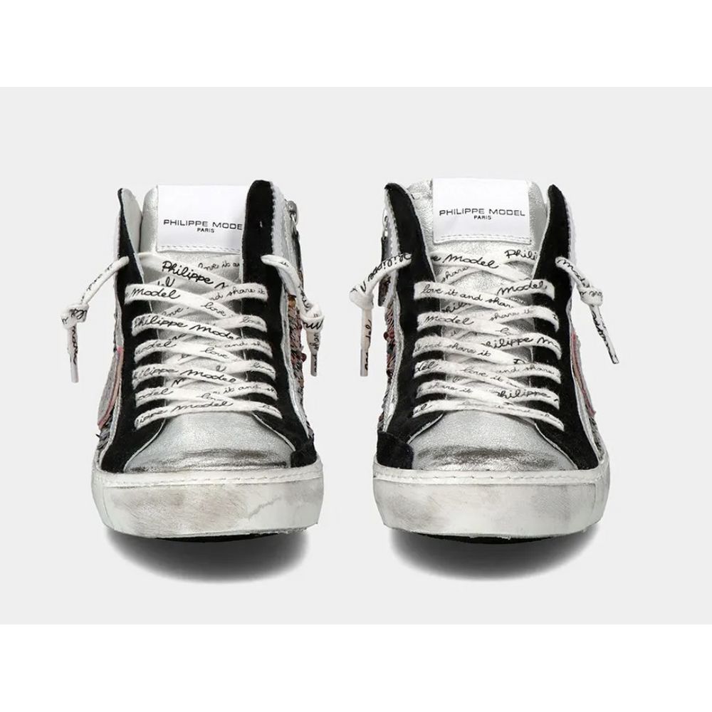 Philippe Model elegante grå lædersneakers med pailletter