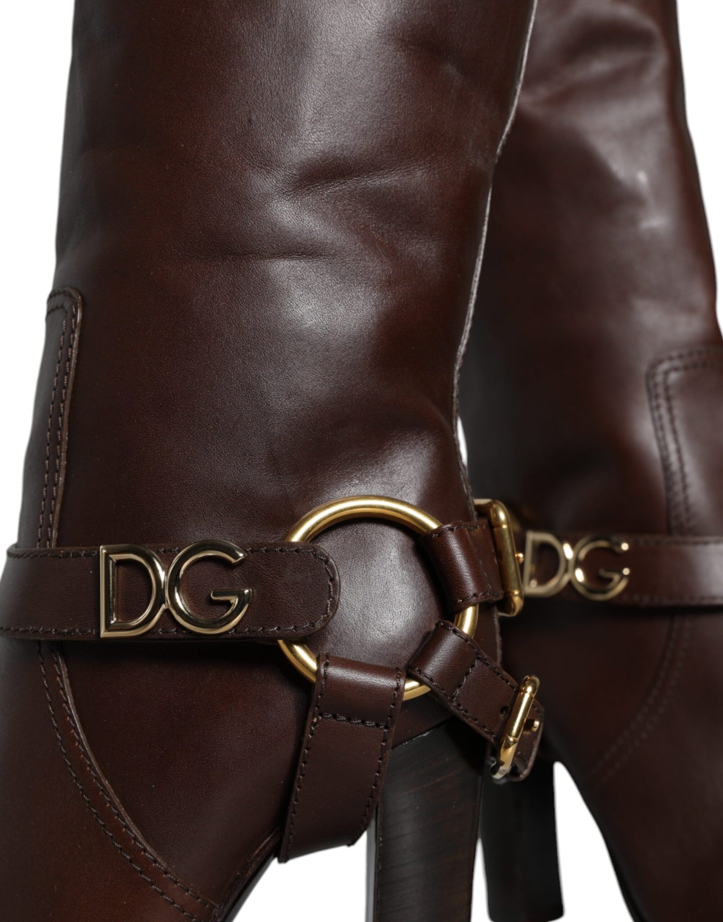 Dolce & Gabbana Brune Læder Guldtonede Logo Høje Støvler Sko