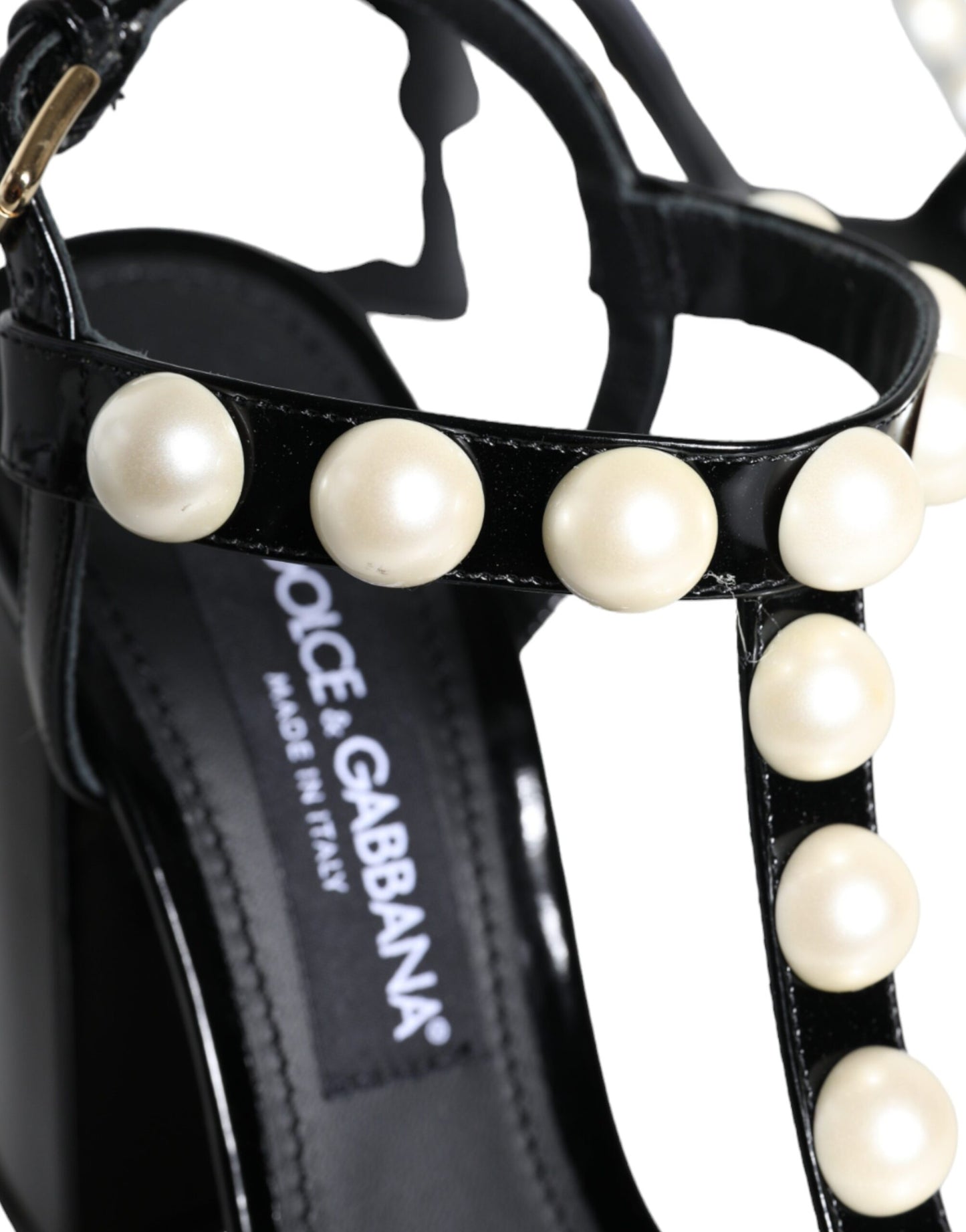 Dolce & Gabbana Sorte Lædersandaler med Perler og T-rem
