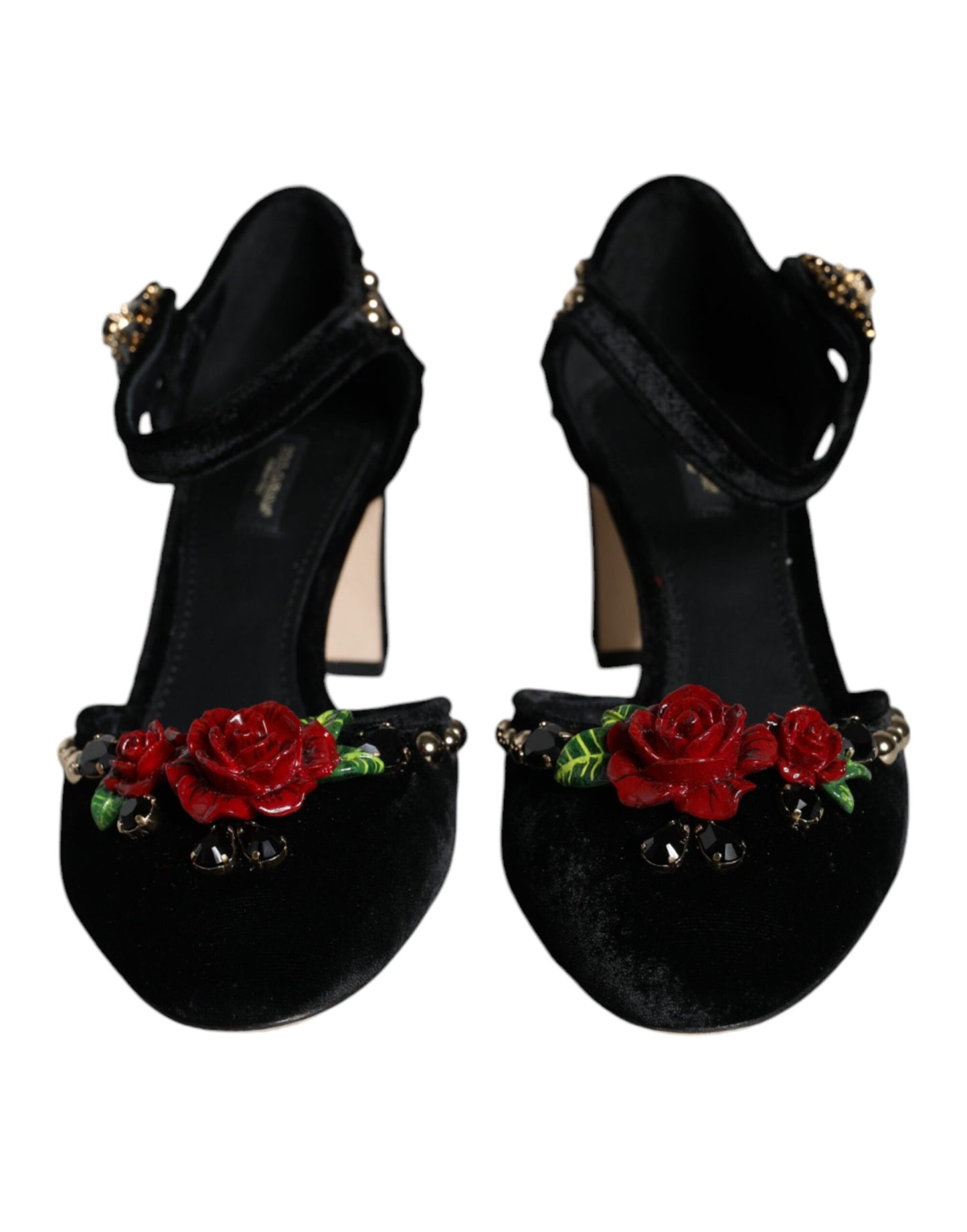 Dolce & Gabbana Sorte Fløjlsrose Pumps Med Ankelrem