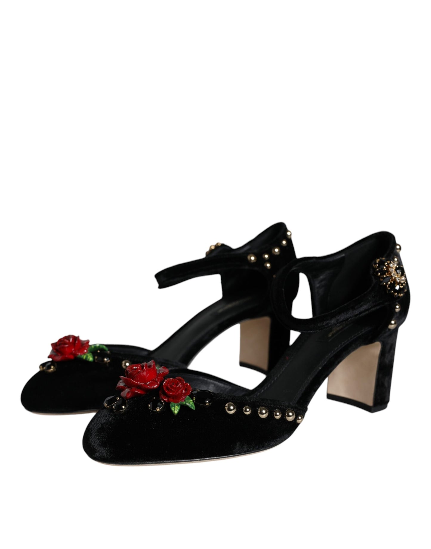 Dolce & Gabbana Sorte Fløjlsrose Pumps Med Ankelrem