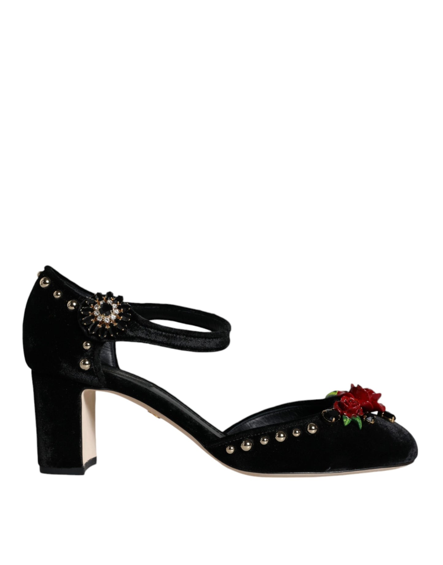 Dolce & Gabbana Sorte Fløjlsrose Pumps Med Ankelrem