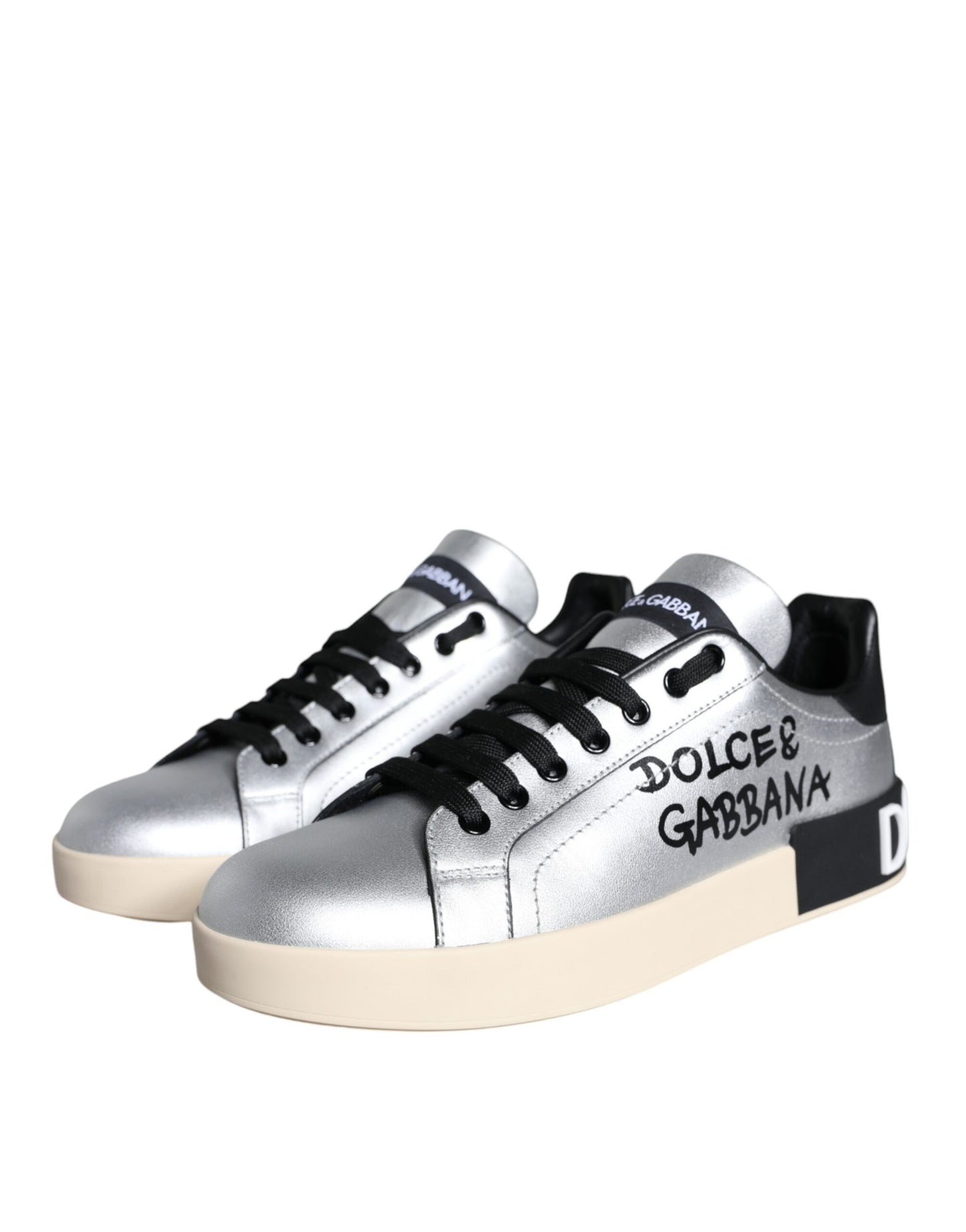 Dolce & Gabbana Sølvfarvede Portofino Sneakers i Kalveskind