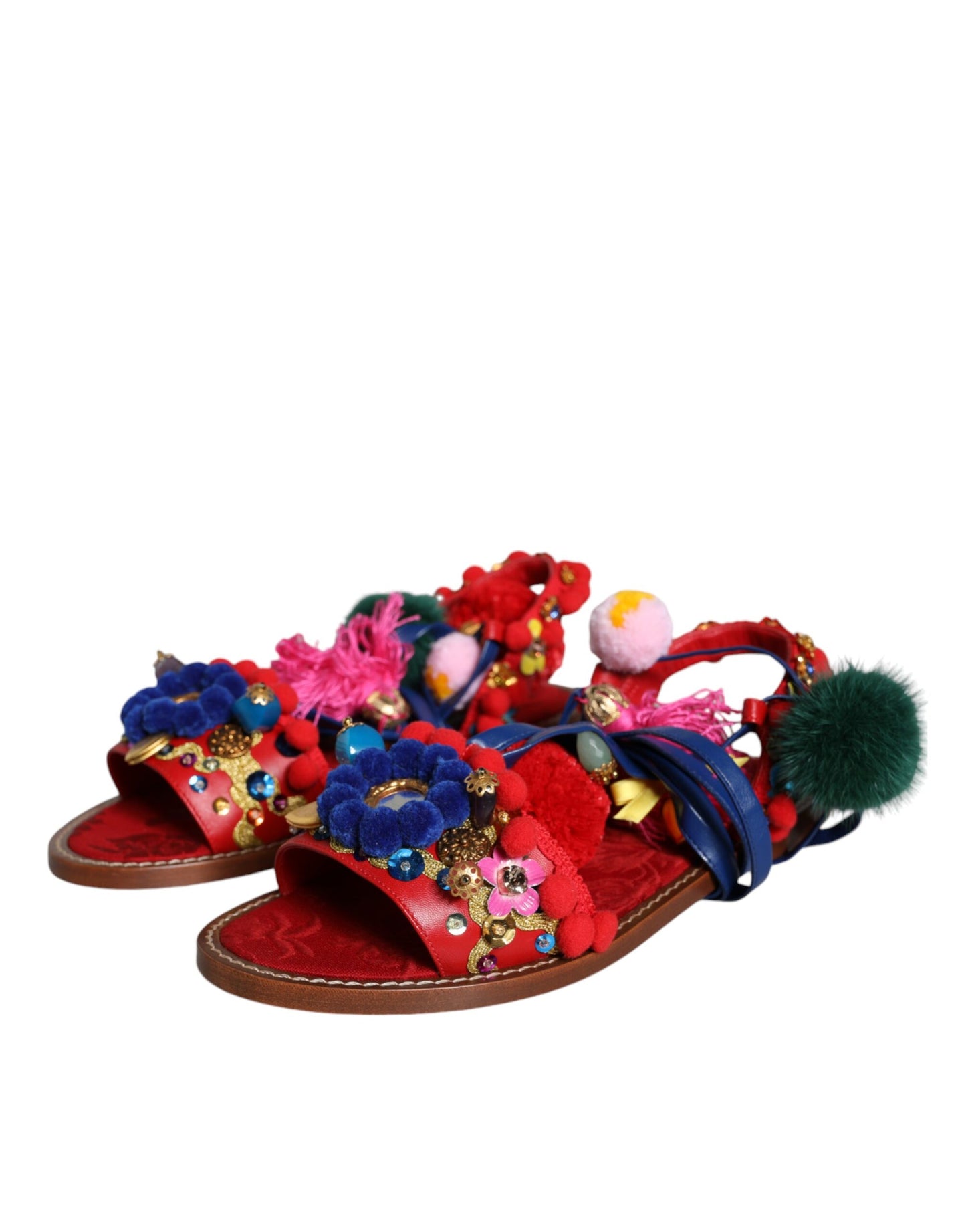Dolce & Gabbana Flerfarvede Pom Pom Pels Wrap Sandaler Sko