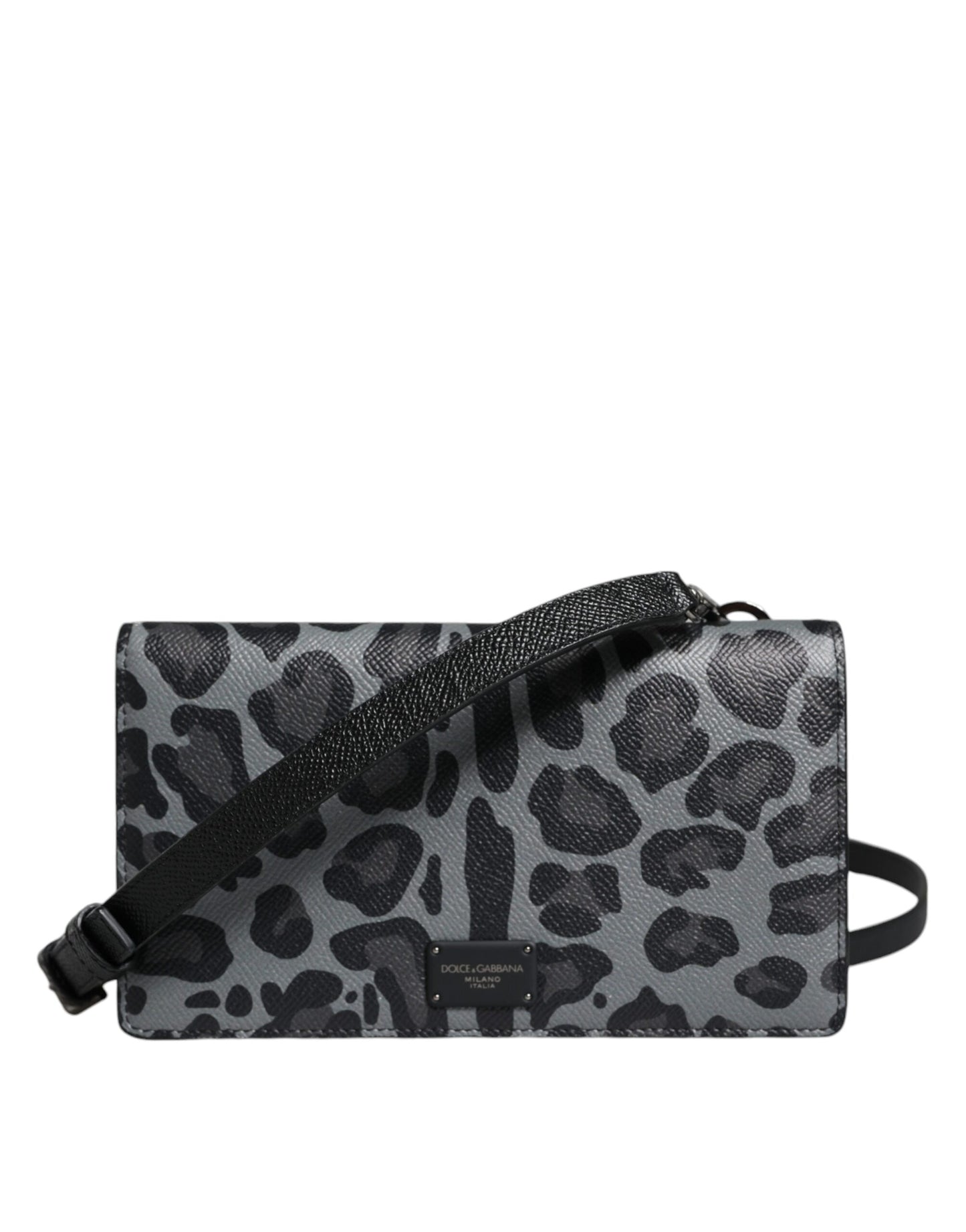 Dolce & Gabbana Sort Grå Leopard Læder Bifold Crossbody Taske med Kortholder