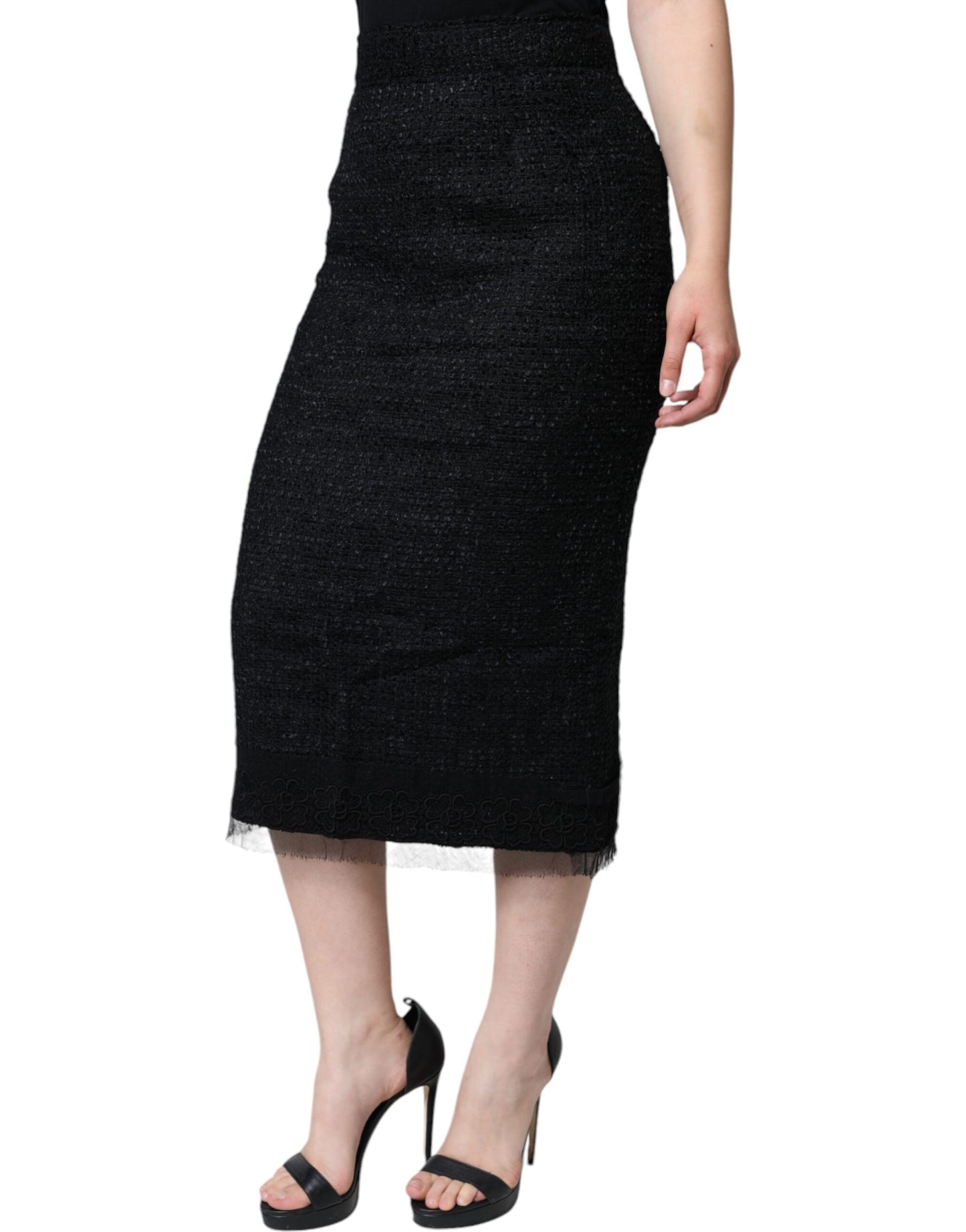 Dolce & Gabbana Sort Midi-nederdel i jomfruuld med blyantssnit