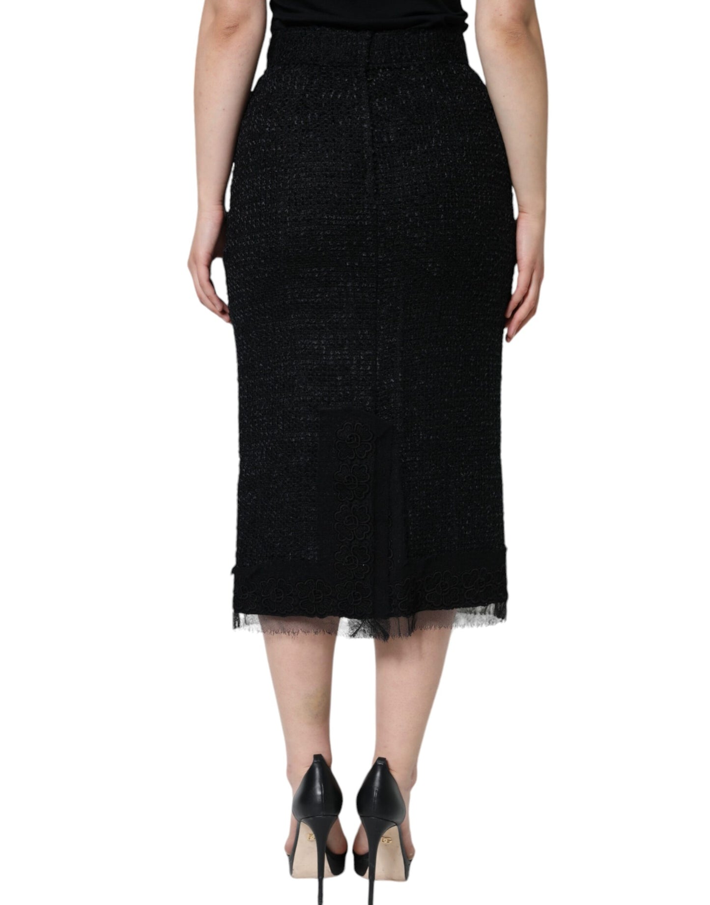 Dolce & Gabbana Sort Midi-nederdel i jomfruuld med blyantssnit