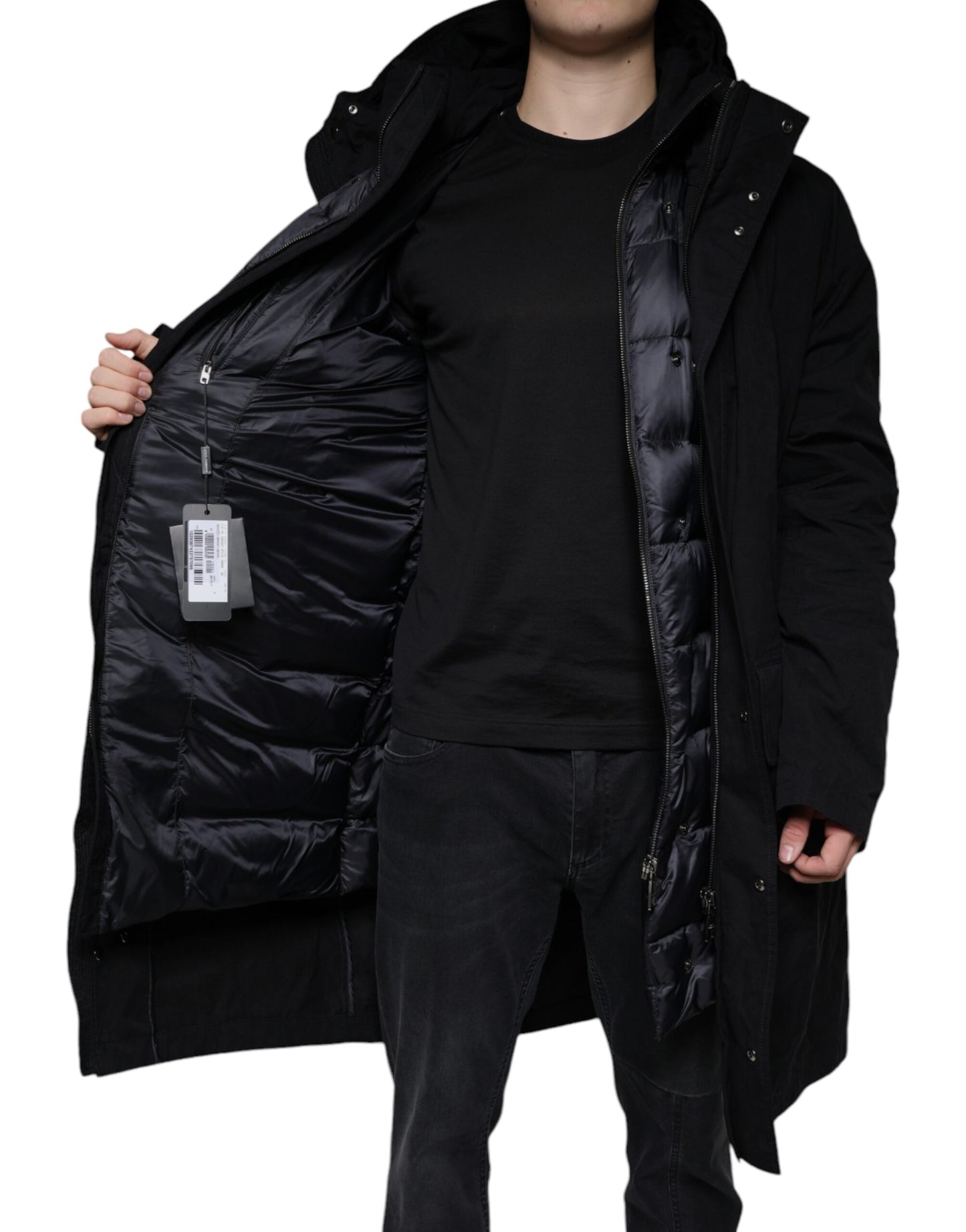 Dolce & Gabbana sort hættetrøje parka i bomuld med trenchcoat