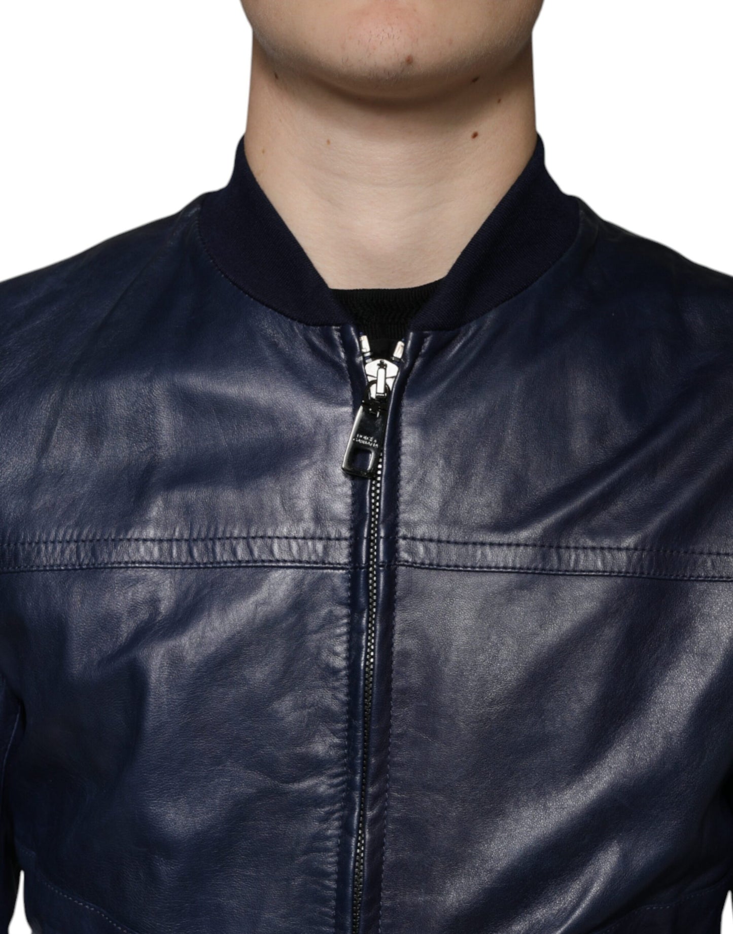 Dolce & Gabbana Blå Lammeskinds Læder Bikerjakke med Lynlås