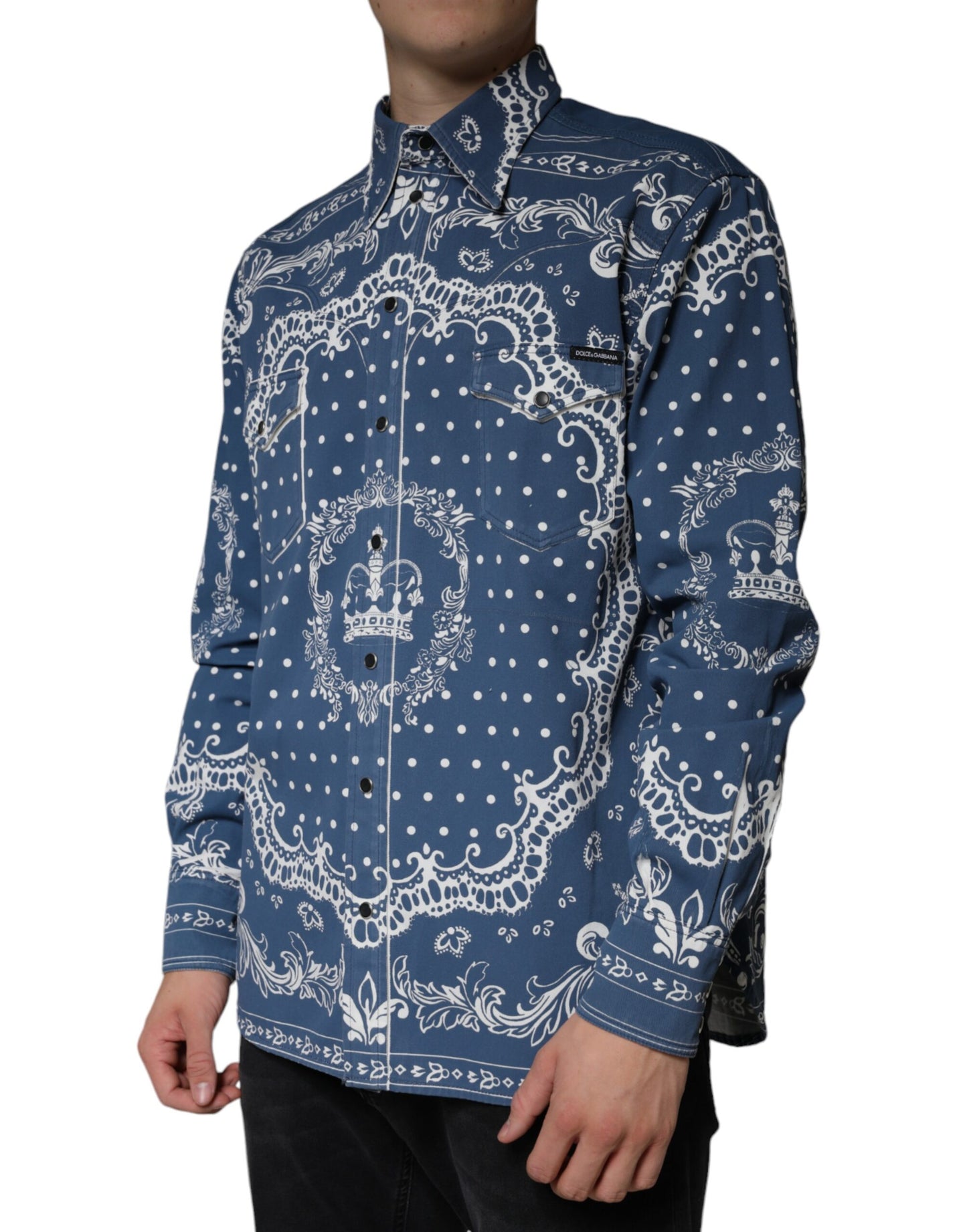 Dolce & Gabbana Blå Hvid Bandana Print Bomulds Casual Skjorte