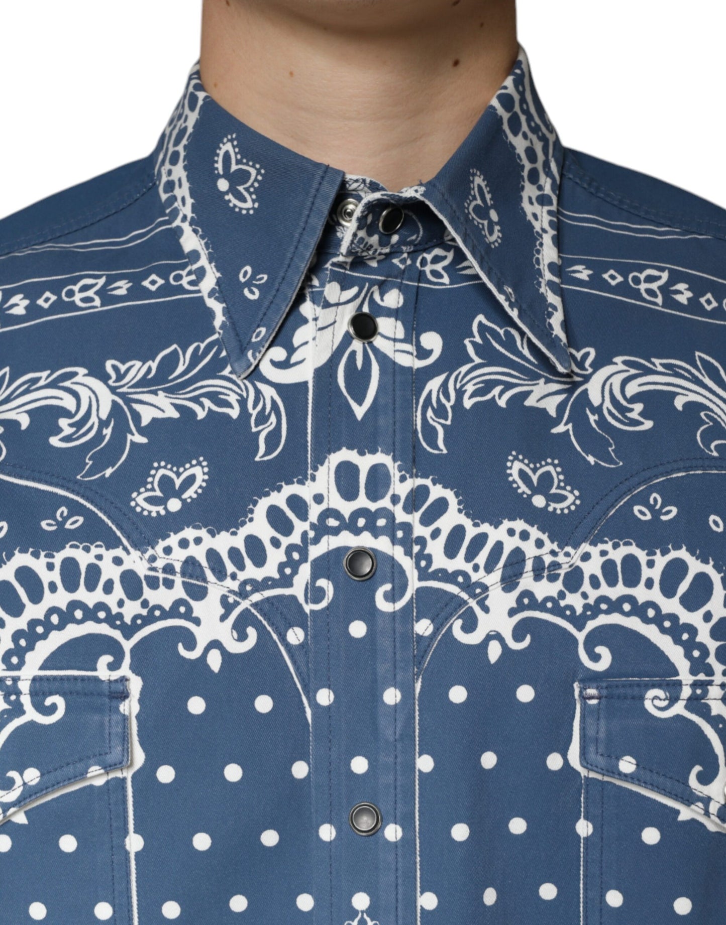 Dolce & Gabbana Blå Hvid Bandana Print Bomulds Casual Skjorte