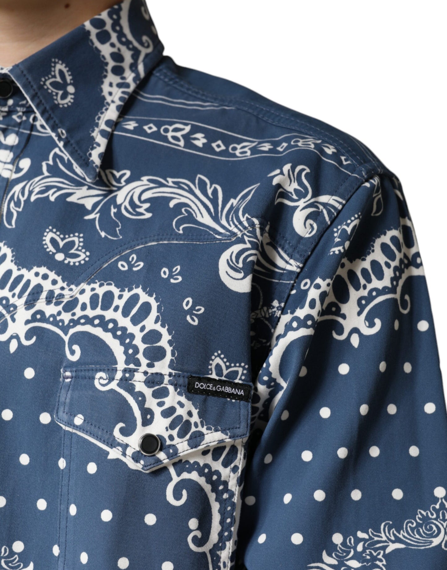 Dolce & Gabbana Blå Hvid Bandana Print Bomulds Casual Skjorte