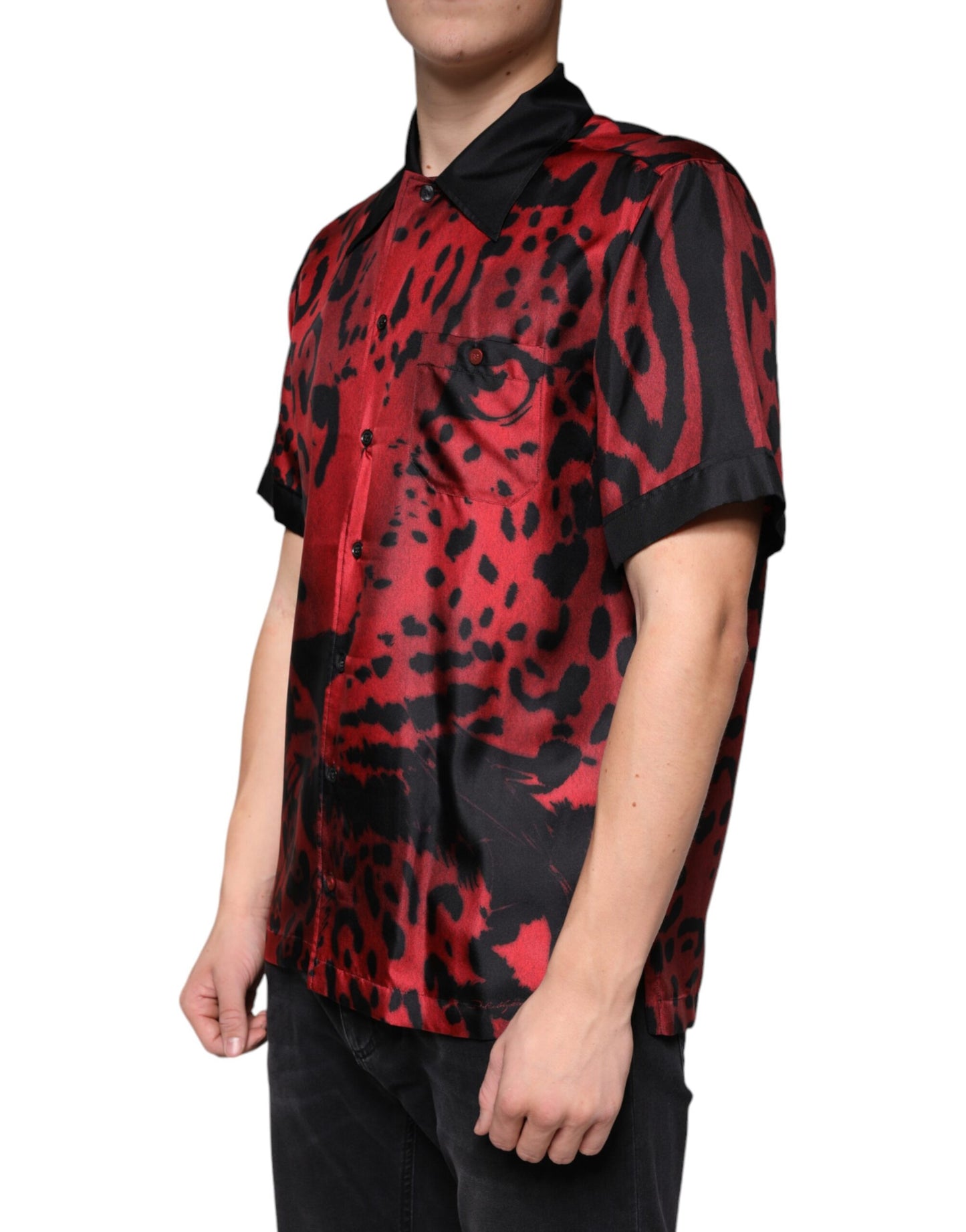 Dolce & Gabbana Rød Leopard Silke Button Down Casual Skjorte