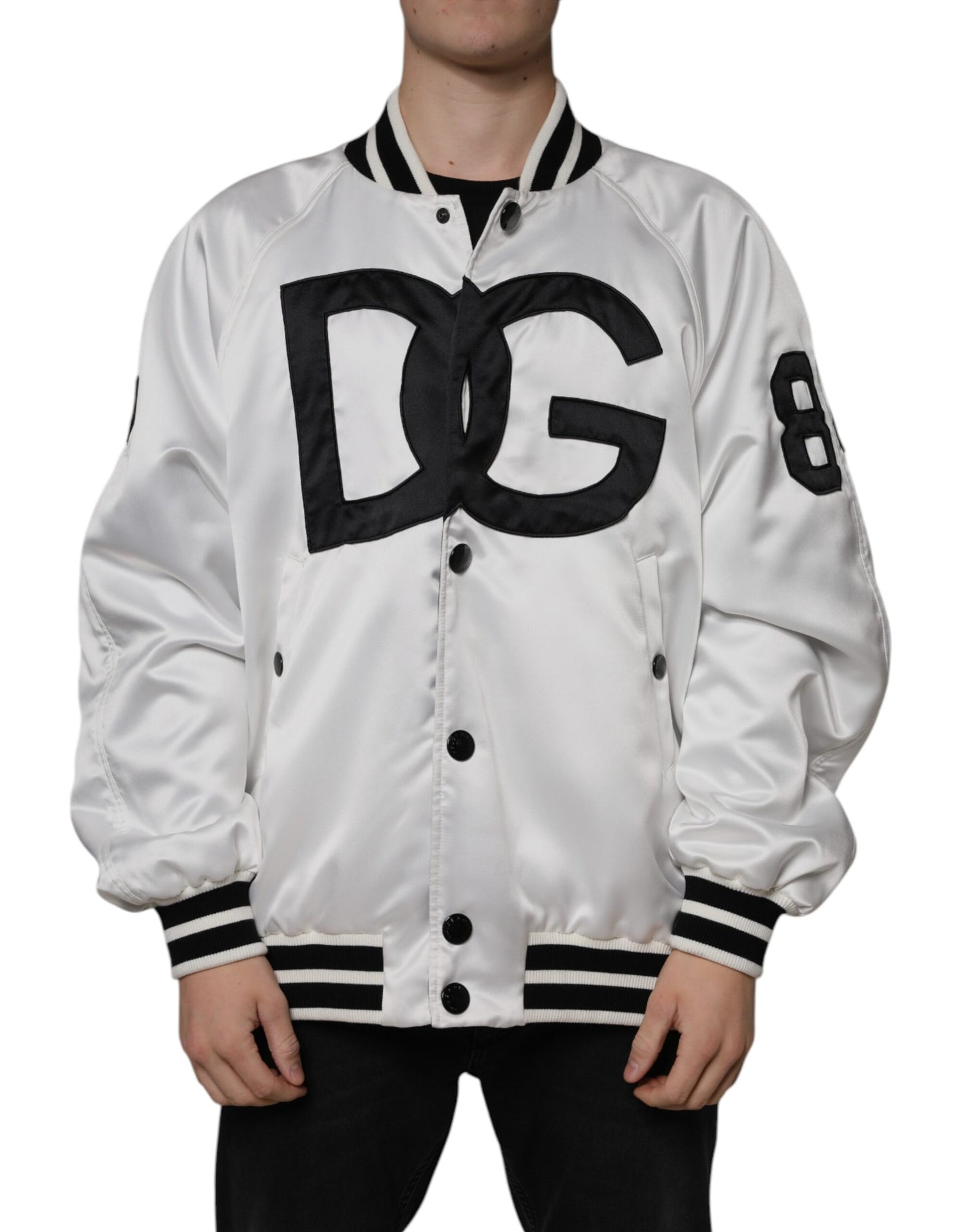 Dolce & Gabbana Hvid Polyester Logo Full Zip Bomberjakke