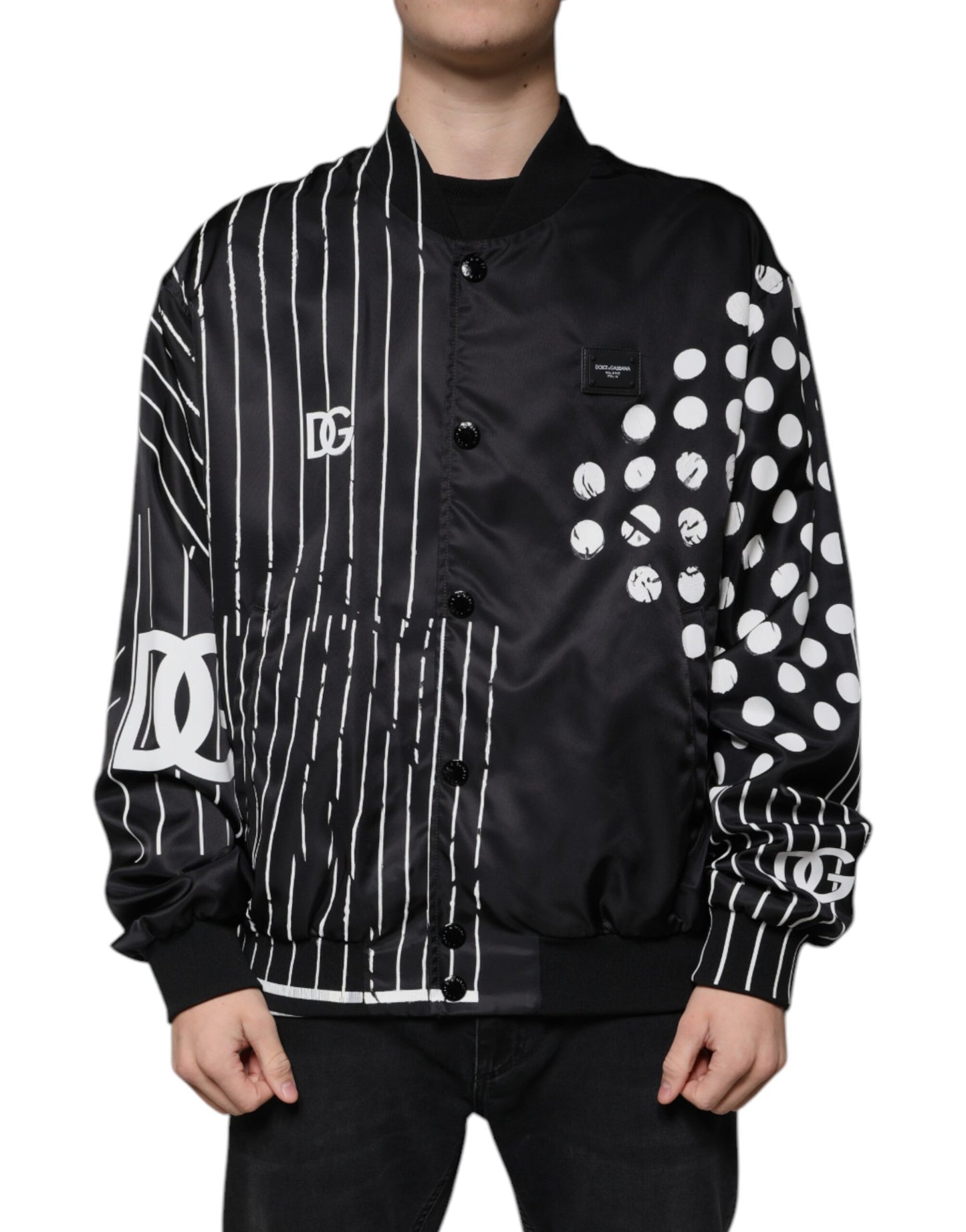 Dolce & Gabbana Sort Nylon Bomberjakke med Polkaprikker og Striber