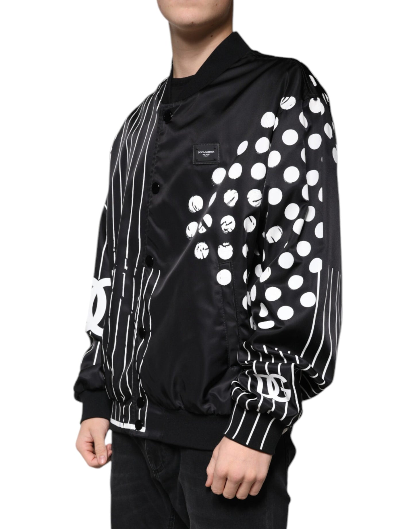 Dolce & Gabbana Sort Nylon Bomberjakke med Polkaprikker og Striber