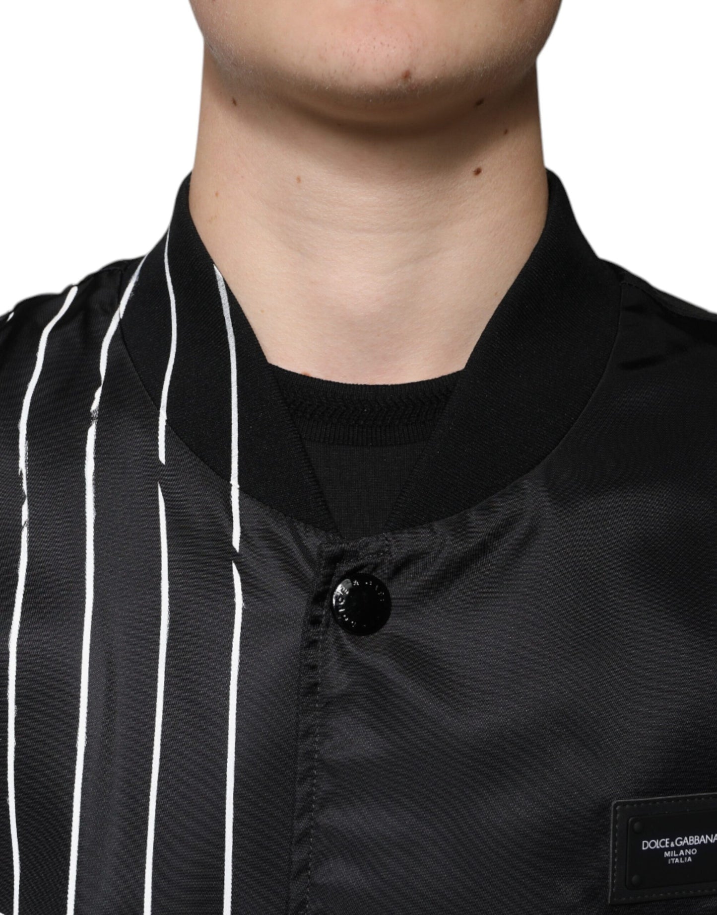 Dolce & Gabbana Sort Nylon Bomberjakke med Polkaprikker og Striber