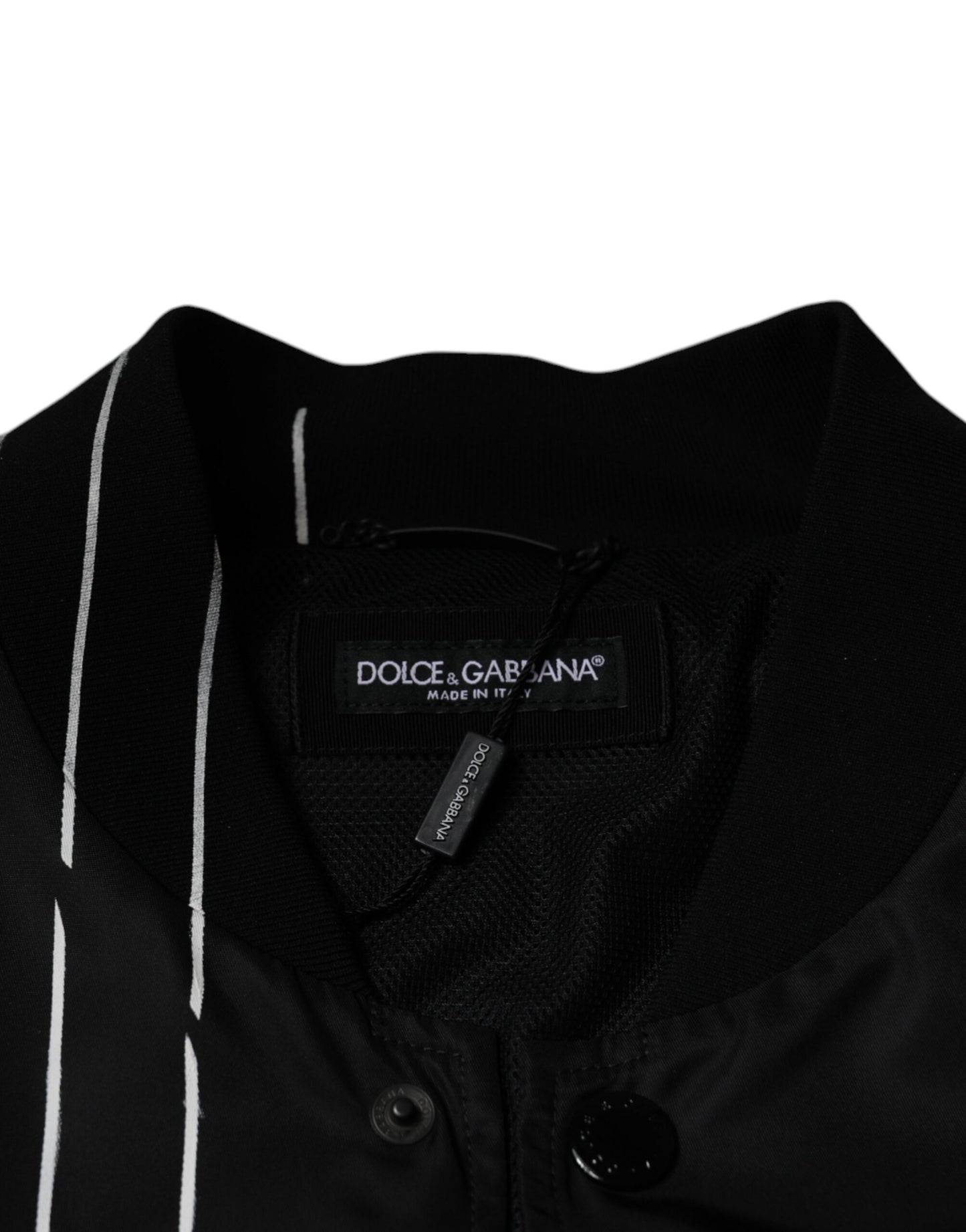 Dolce & Gabbana Sort Nylon Bomberjakke med Polkaprikker og Striber