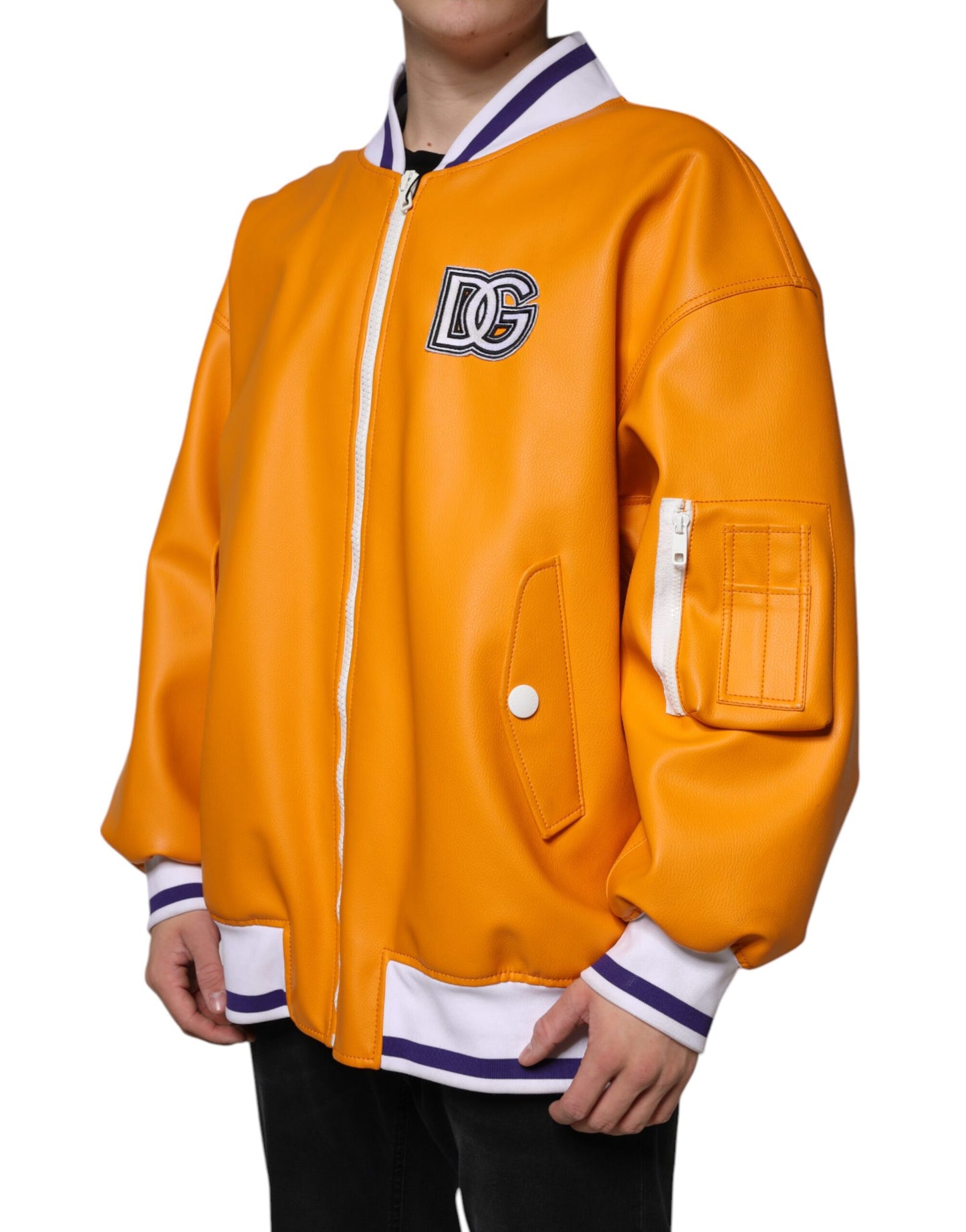 Dolce & Gabbana Orange Hvid Jersey Bomberjakke med Lynlås