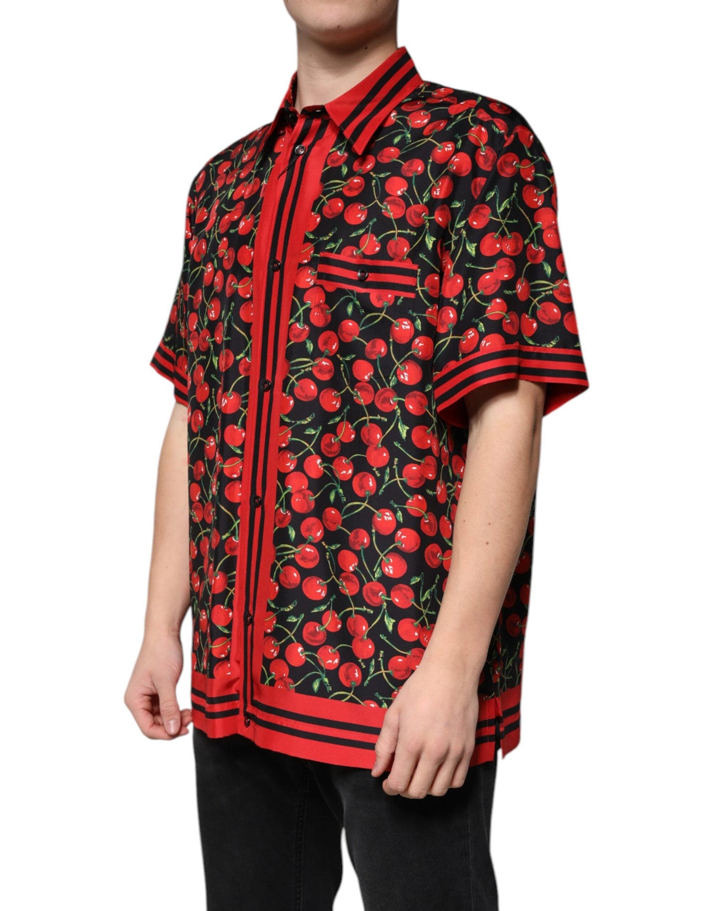 Dolce & Gabbana Sort Kirsebærsilke Skjorte med Knapper og Afslappet Stil