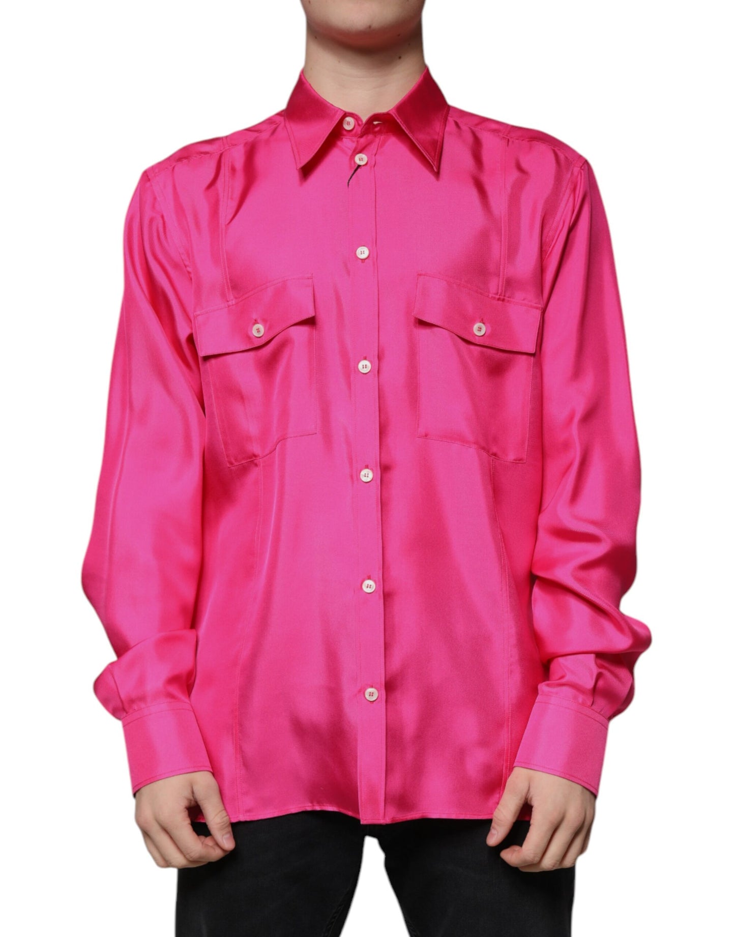 Dolce & Gabbana Lyserød Silkekrave Herreskjorte Med Button Down-Stil